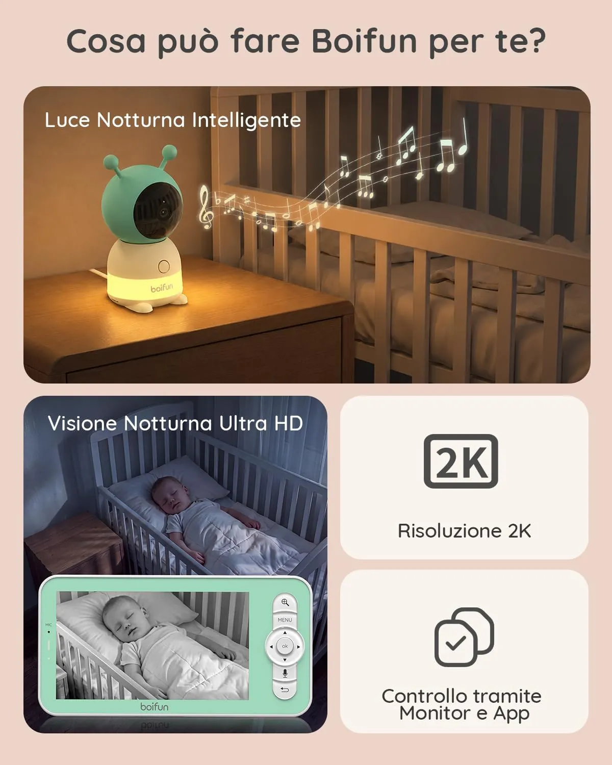 BOIFUN Baby monitor 5" con schermo diviso e 2 telecamere, baby monitor WiFi 2K tramite schermo e controllo tramite app, registrazione e riproduzione, sensore di temperatura e umidità - immagine 2