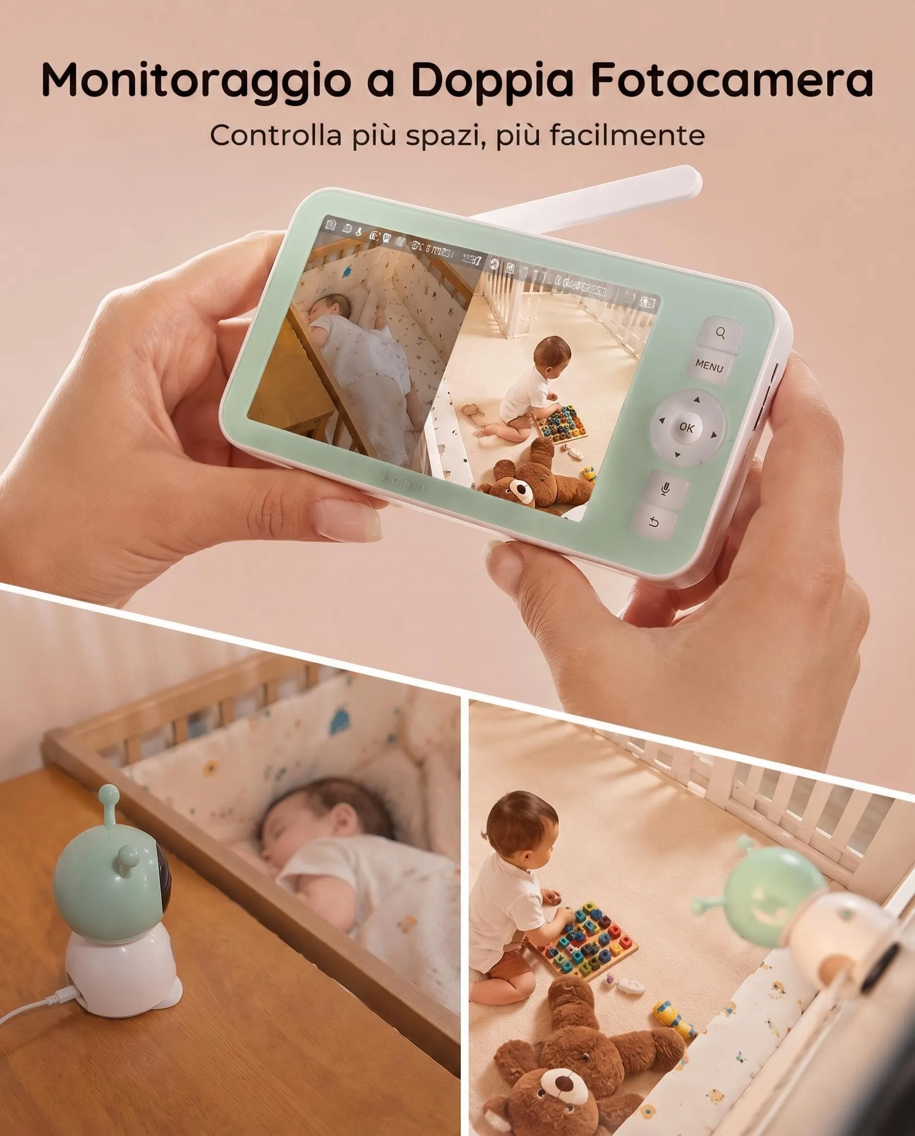 BOIFUN Baby monitor 5" con schermo diviso e 2 telecamere, baby monitor WiFi 2K tramite schermo e controllo tramite app, registrazione e riproduzione, sensore di temperatura e umidità - immagine 3