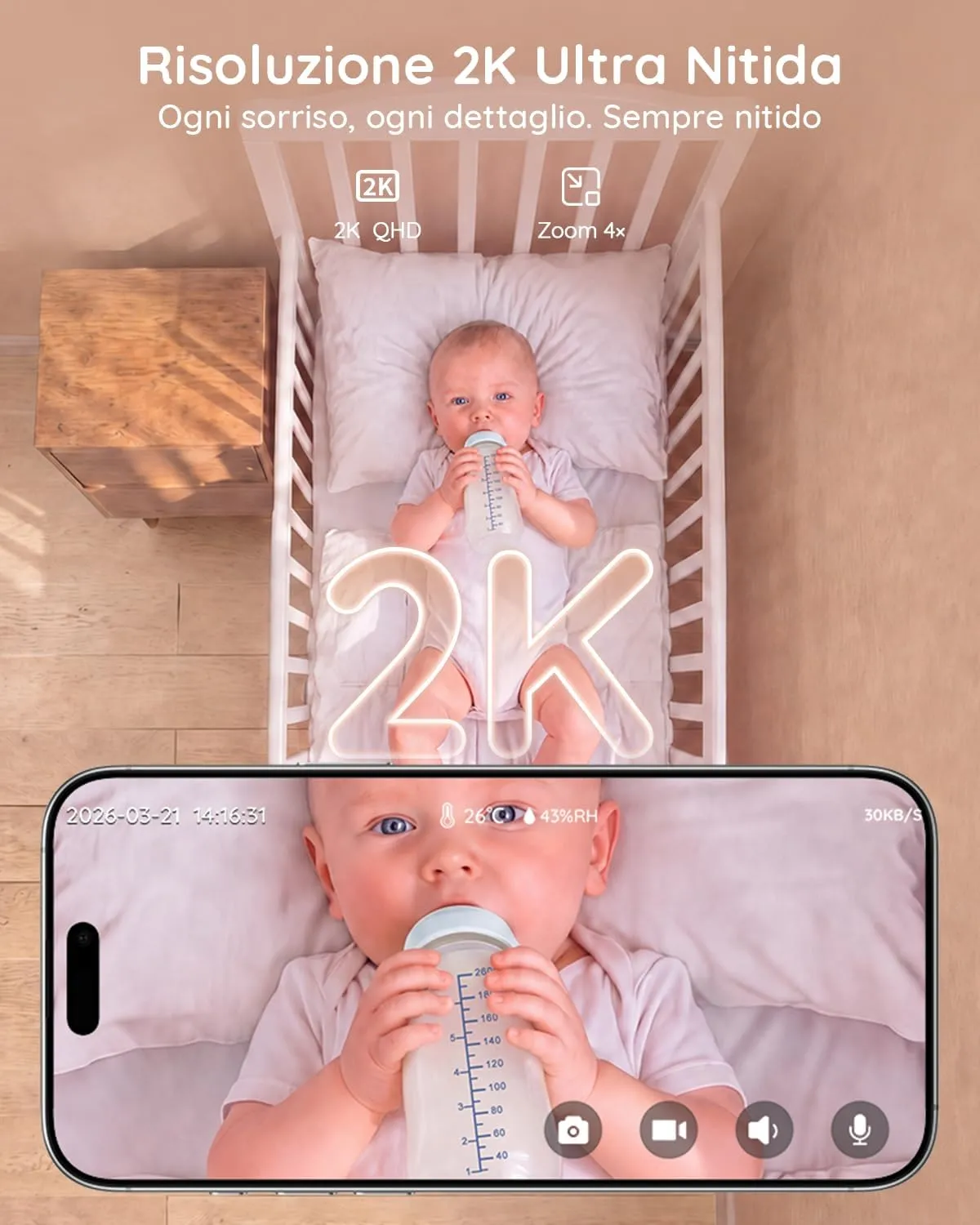 BOIFUN Baby monitor 5" con schermo diviso e 2 telecamere, baby monitor WiFi 2K tramite schermo e controllo tramite app, registrazione e riproduzione, sensore di temperatura e umidità - immagine 6