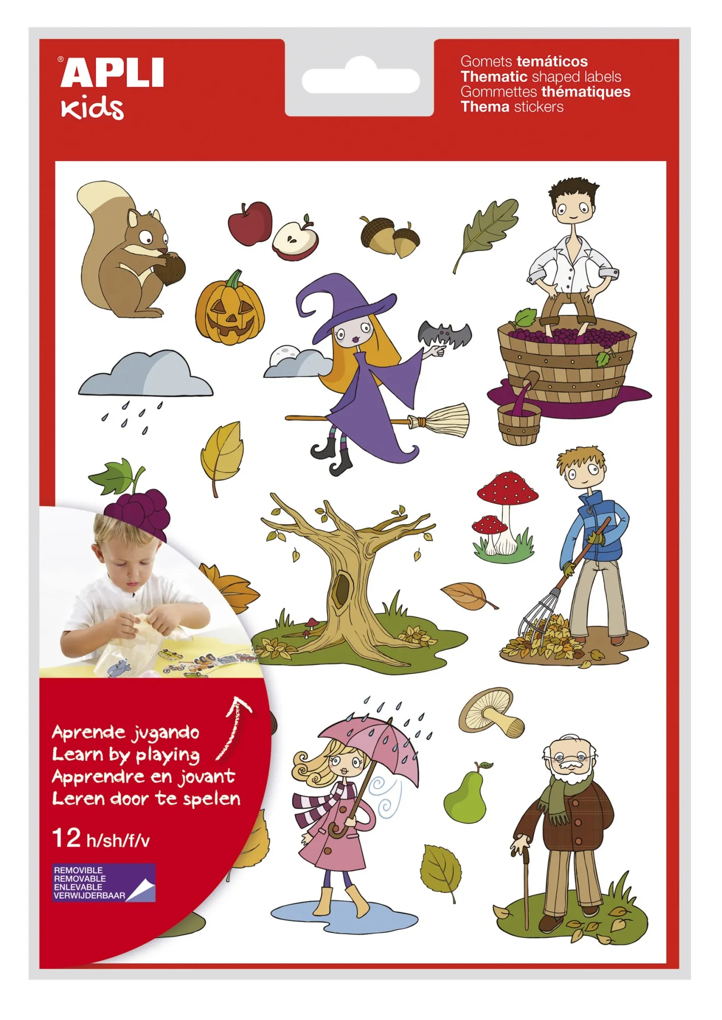 Apli Gomet a tema autunnale - 12 fogli (288 Gomet) - Adesivo rimovibile - Illustrazioni divertenti - Standard EN-71 e FSC - Adesivo a base acqua - Senza solventi - Carta ECF - 100% riciclabile - Colorato - immagine 1