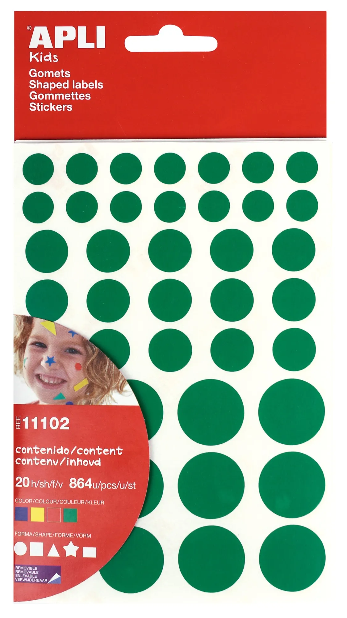 Adesivo rimovibile Apli Gomets - 864 Gomets per confezione - Diversi colori forme e dimensioni - Sviluppo delle competenze - Standard EN-71 e FSC - immagine 1