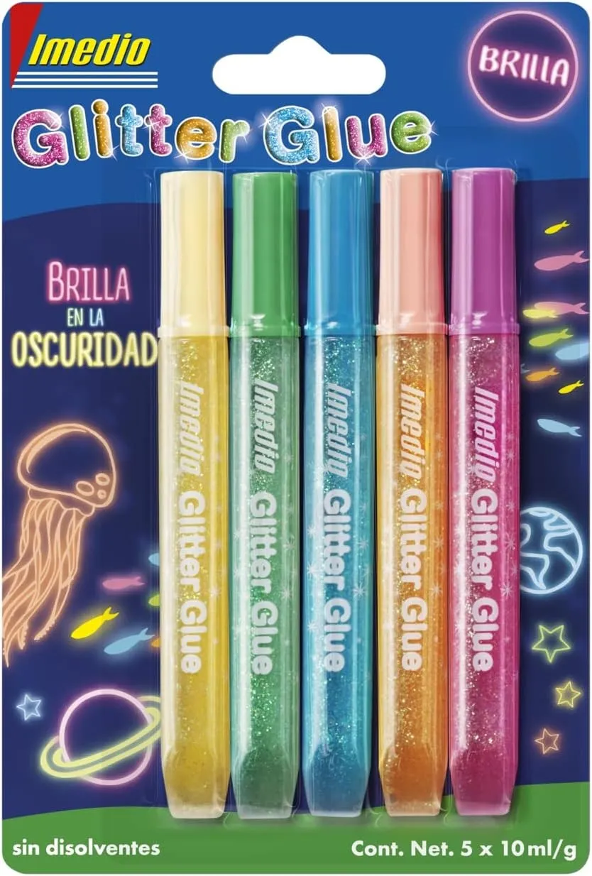 Imedio Colla Glitter Glow in the Dark Confezione da 5 Tubi di Colla Glitter 10ml - Si Illumina al Buio - Per Diversi Materiali - Tubo Extra Morbido - Ugello di Precisione - Senza Solventi - Colori Assortiti - immagine 1