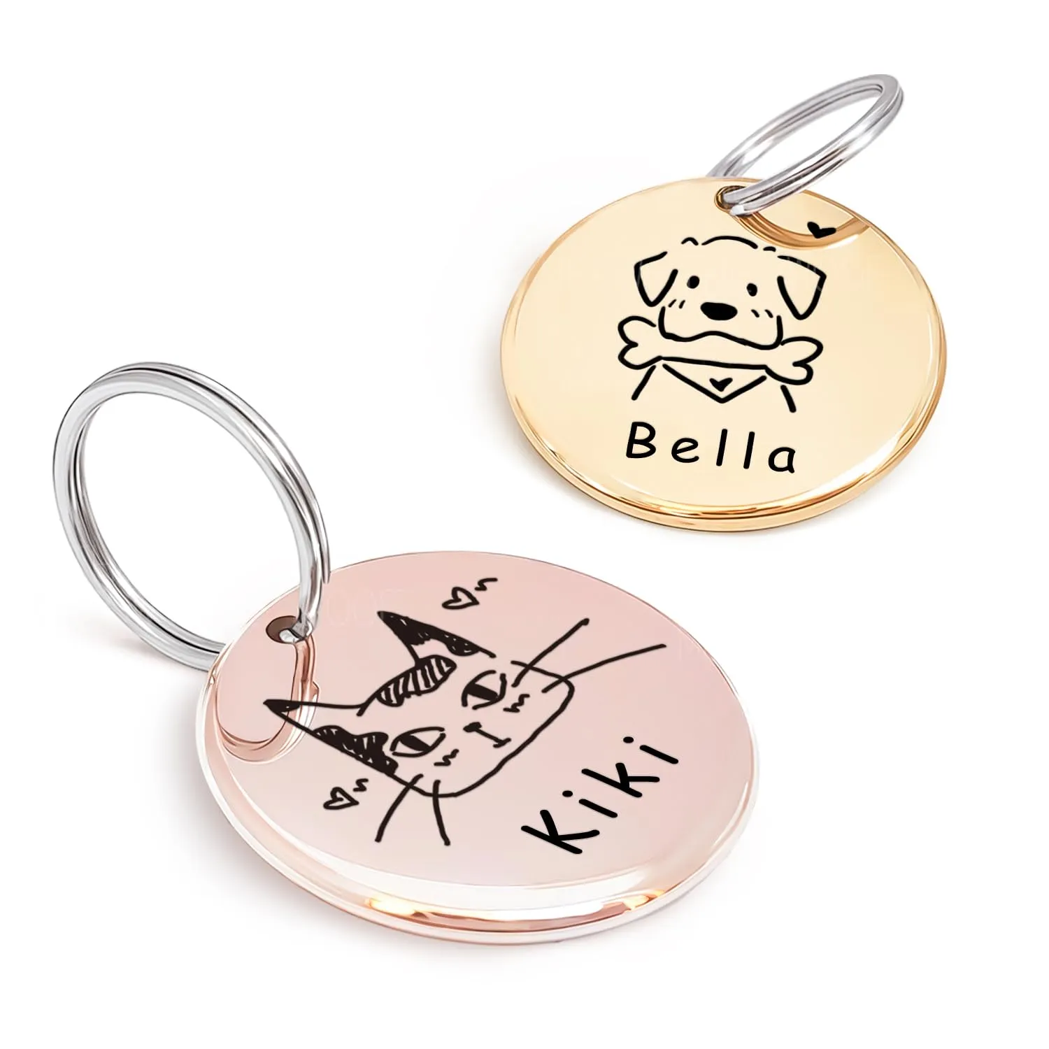 Progettazione originale del ritratto di gatto e cane per targhetta cane con incisione – Accessori personalizzati per collare in acciaio inox con incisione profonda Souvenir (Rotondo) - immagine 1