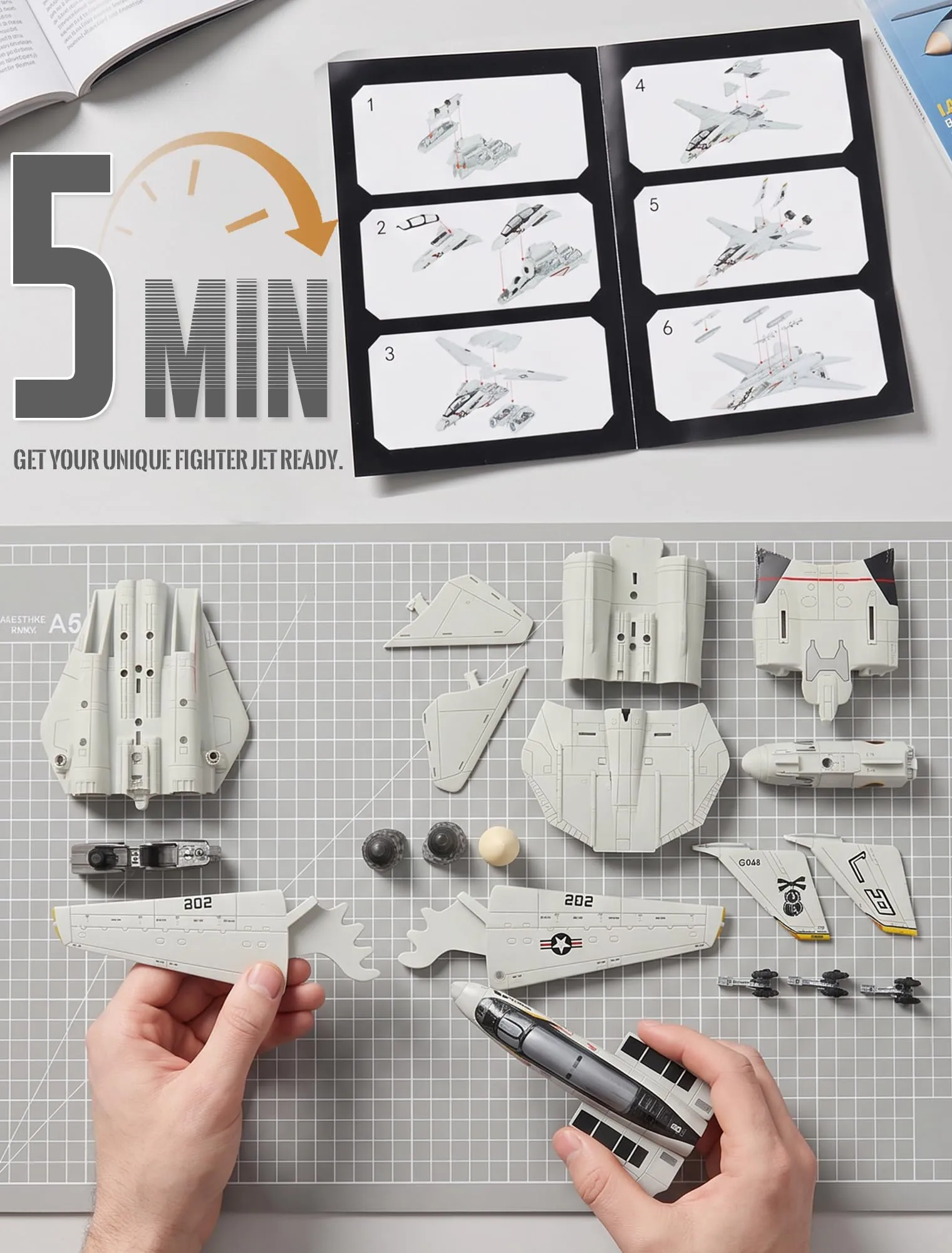 SEBUNAS Kit modello di aereo da caccia F-14 Tomcat in scala 1:72, modello di aereo giocattolo militare F-14 in plastica con supporto (36 pezzi) - immagine 3