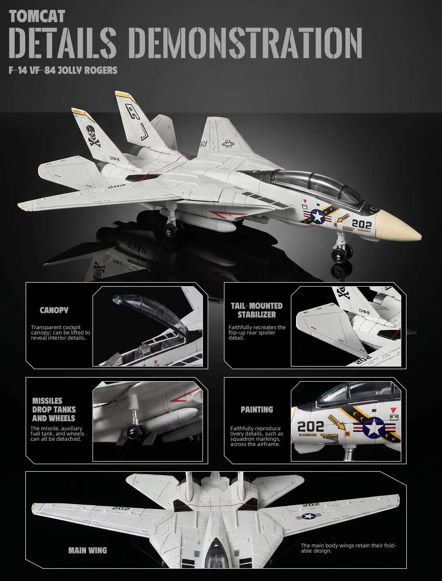 SEBUNAS Kit modello di aereo da caccia F-14 Tomcat in scala 1:72, modello di aereo giocattolo militare F-14 in plastica con supporto (36 pezzi) - immagine 4