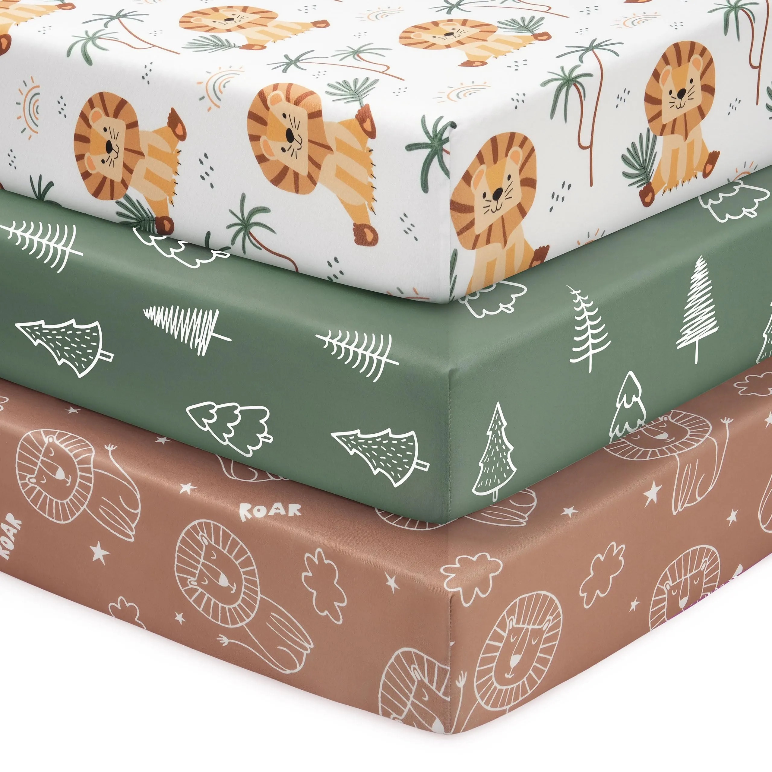 Fiemol Lenzuola Lettino 140x70 cm, Confezione da 3 Coprimaterassi per Lettino Neonato, Lenzuola con Angoli Elasticizzate in Microfibra Ultra Morbida e Setosa, Marrone e Leone - immagine 1
