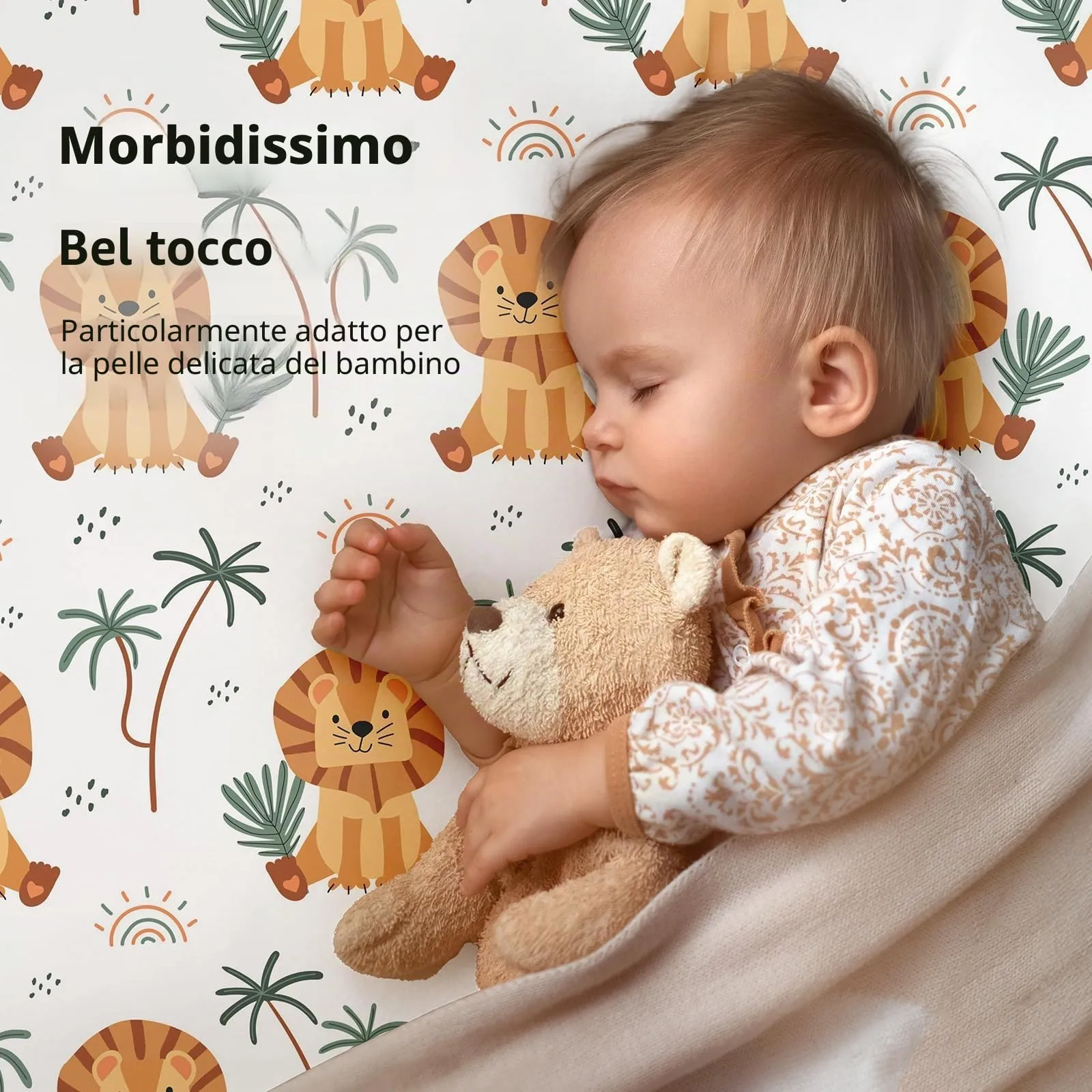 Fiemol Lenzuola Lettino 140x70 cm, Confezione da 3 Coprimaterassi per Lettino Neonato, Lenzuola con Angoli Elasticizzate in Microfibra Ultra Morbida e Setosa, Marrone e Leone - immagine 2