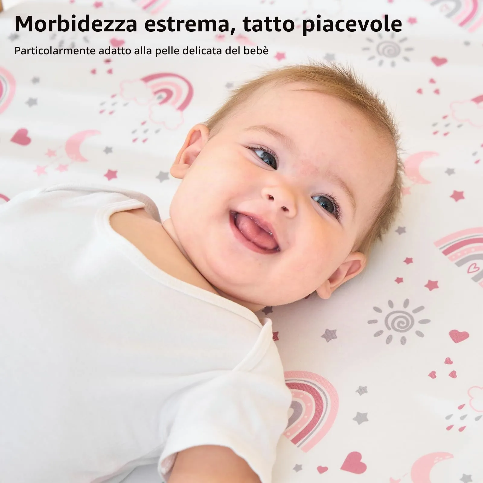 Fiemol Lenzuola Culla Next to Me 83x50cm, Confezione da 3 Coprimaterassi per Culla Neonato, Lenzuola con Angoli Elasticizzate in Microfibra Ultra Morbida e Setosa, Rosa e Arcobaleno - immagine 3
