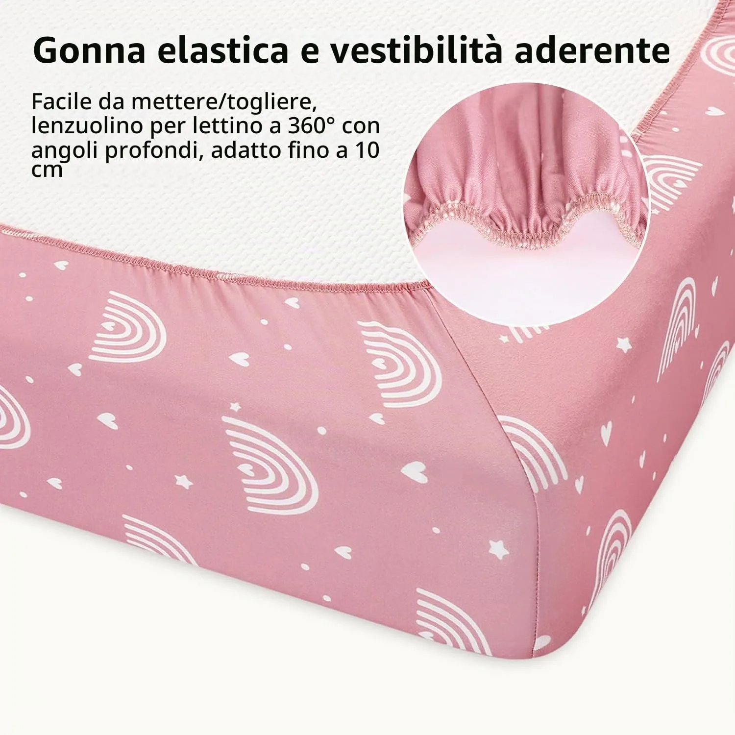 Fiemol Lenzuola Culla Next to Me 83x50cm, Confezione da 3 Coprimaterassi per Culla Neonato, Lenzuola con Angoli Elasticizzate in Microfibra Ultra Morbida e Setosa, Rosa e Arcobaleno - immagine 6