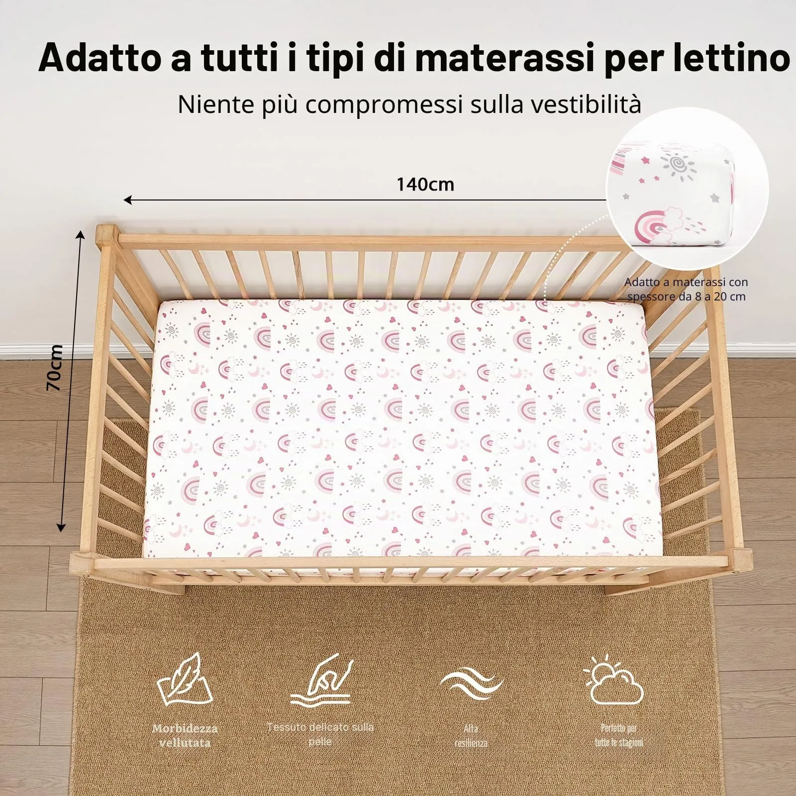 Fiemol Lenzuola Lettino 140x70 cm, Confezione da 3 Coprimaterassi per Lettino Neonato, Lenzuola con Angoli Elasticizzate in Microfibra Ultra Morbida e Setosa, Rosa e Arcobaleno - immagine 3