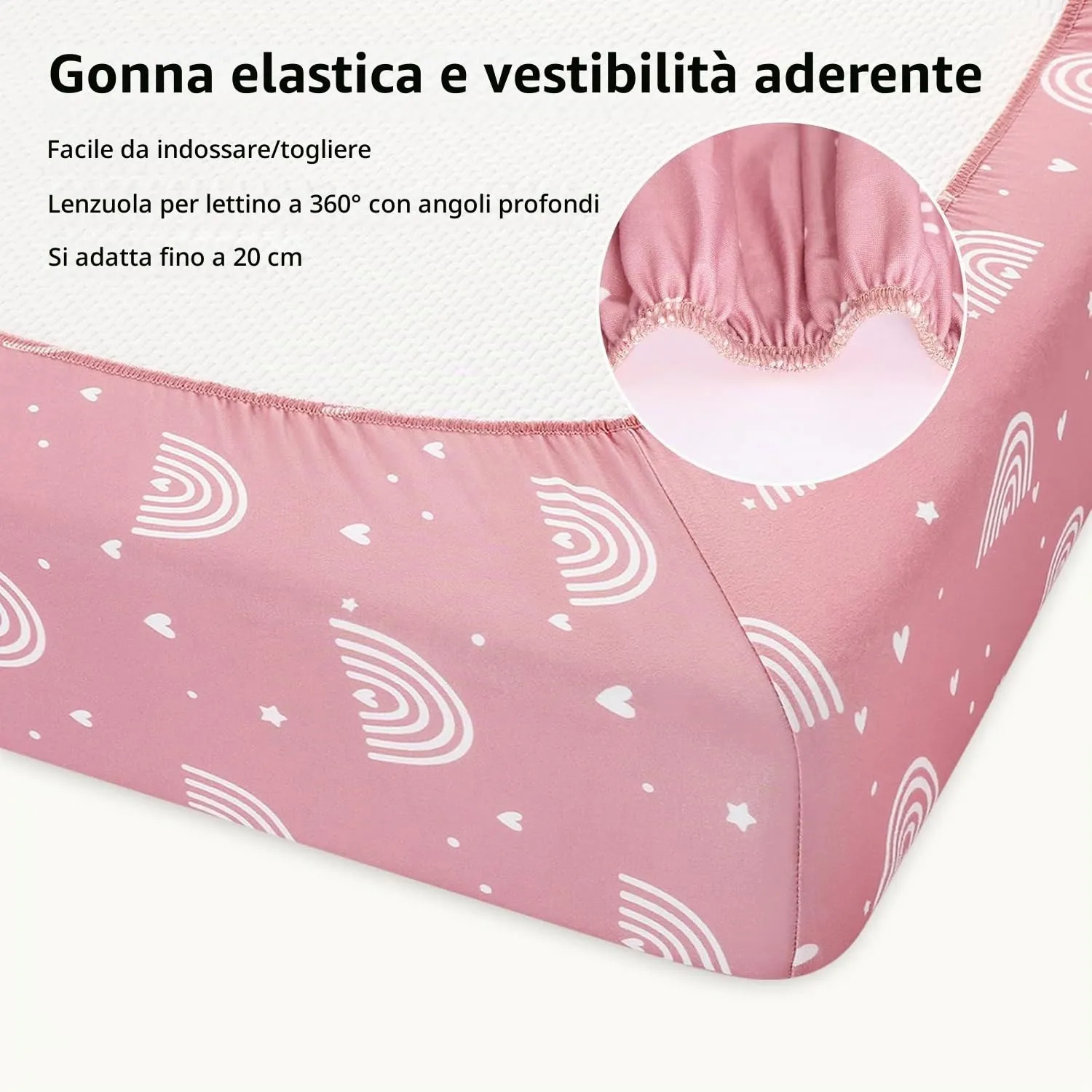 Fiemol Lenzuola Lettino 140x70 cm, Confezione da 3 Coprimaterassi per Lettino Neonato, Lenzuola con Angoli Elasticizzate in Microfibra Ultra Morbida e Setosa, Rosa e Arcobaleno - immagine 5