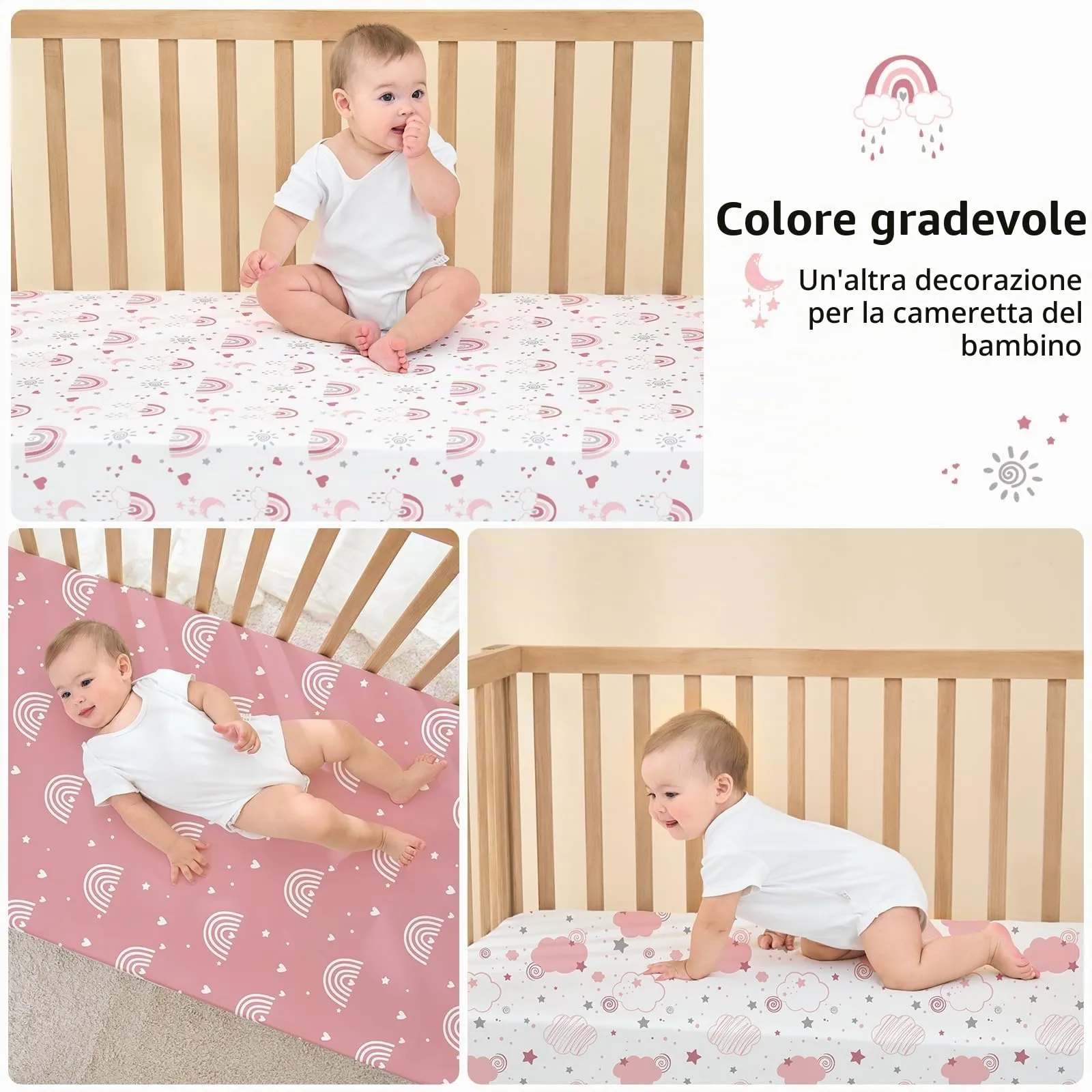 Fiemol Lenzuola Lettino 140x70 cm, Confezione da 3 Coprimaterassi per Lettino Neonato, Lenzuola con Angoli Elasticizzate in Microfibra Ultra Morbida e Setosa, Rosa e Arcobaleno - immagine 6