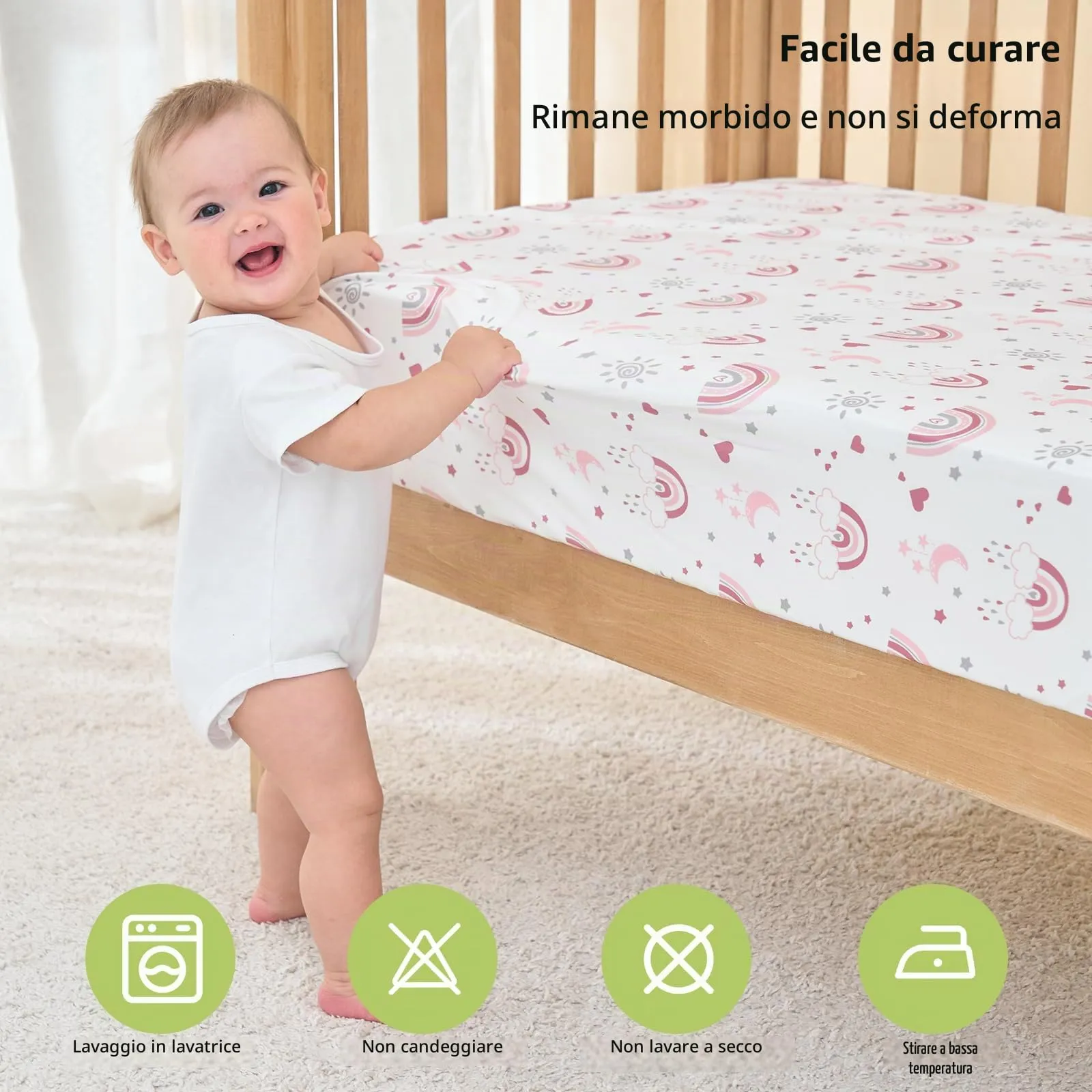 Fiemol Lenzuola Lettino 140x70 cm, Confezione da 3 Coprimaterassi per Lettino Neonato, Lenzuola con Angoli Elasticizzate in Microfibra Ultra Morbida e Setosa, Rosa e Arcobaleno - immagine 7