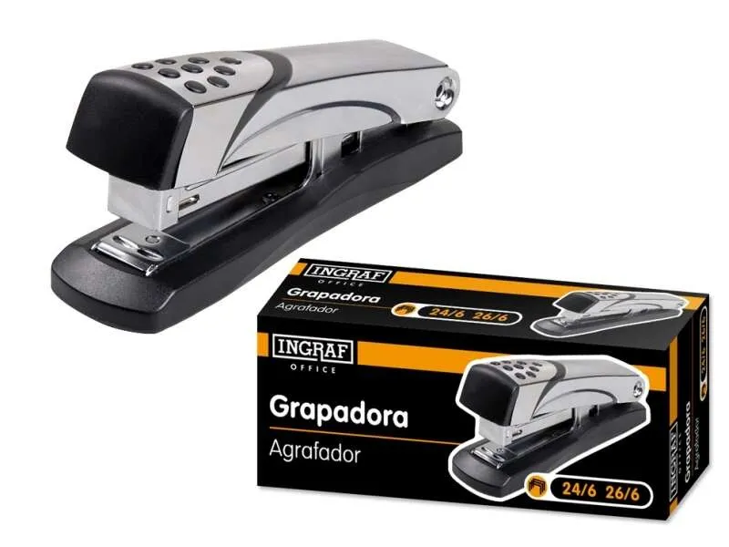 Cucitrice metallica Ingraf N5 - Corpo in metallo con decorazioni in plastica - Rivestimento in gomma antiscivolo - Compatibile con punti metallici 24/6 e 26/6 - Colore grigio - immagine 1