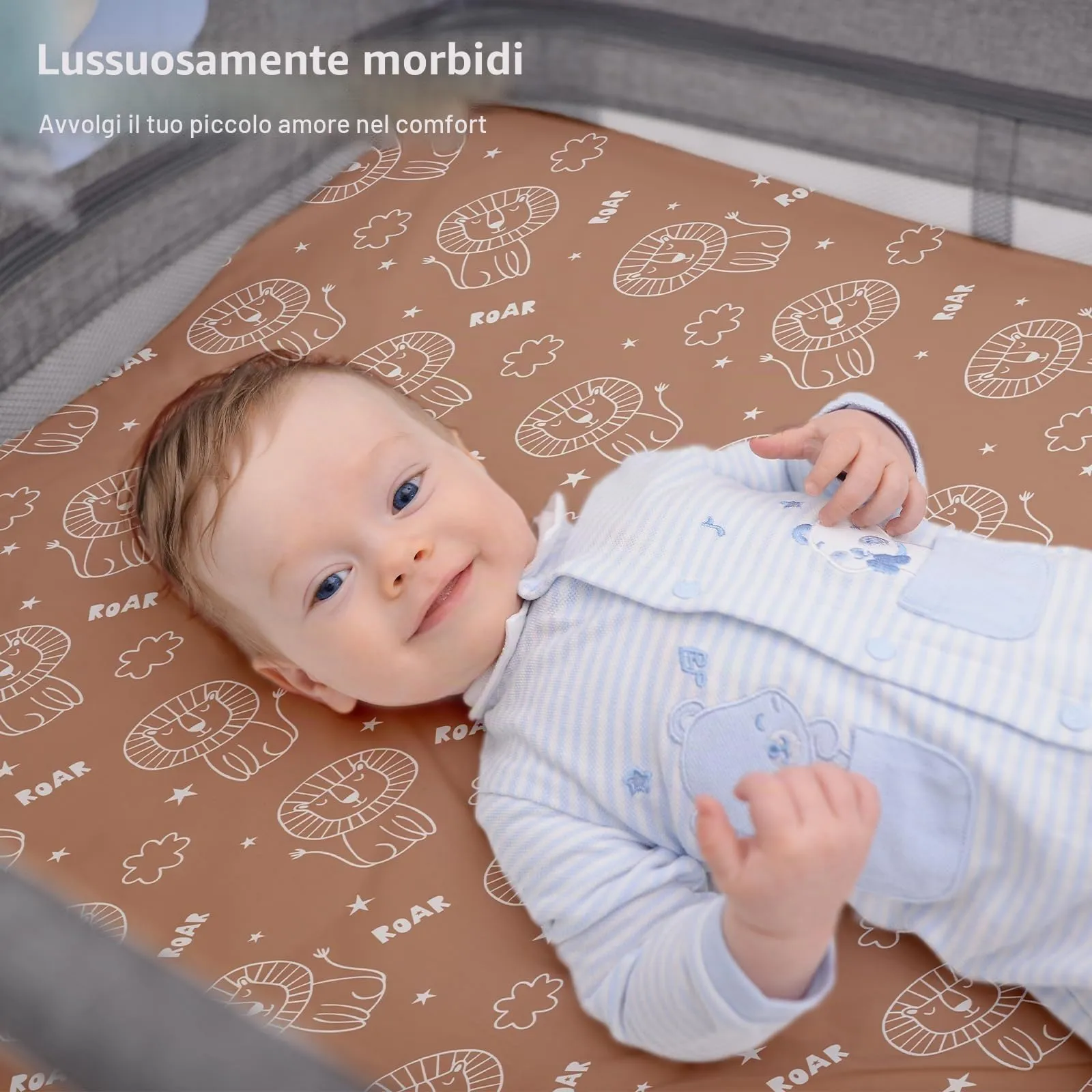 Fiemol Lenzuola Culla Next to Me 83x50cm, Confezione da 3 Coprimaterassi per Culla Neonato, Lenzuola con Angoli Elasticizzate in Microfibra Ultra Morbida e Setosa, Marrone e Leone - immagine 7