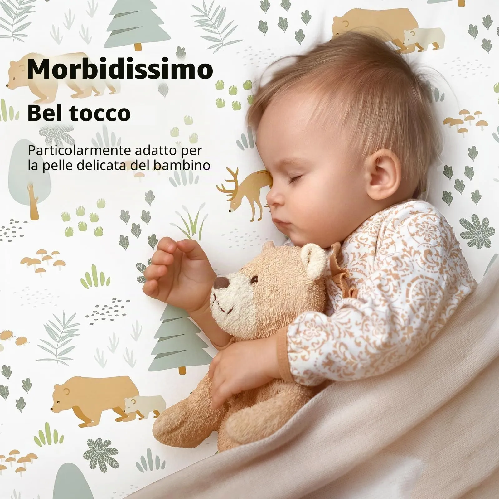 Fiemol Lenzuola Lettino 140x70 cm, Confezione da 3 Coprimaterassi per Lettino Neonato, Lenzuola con Angoli Elasticizzate in Microfibra Ultra Morbida e Setosa, Verde e Orso - immagine 2