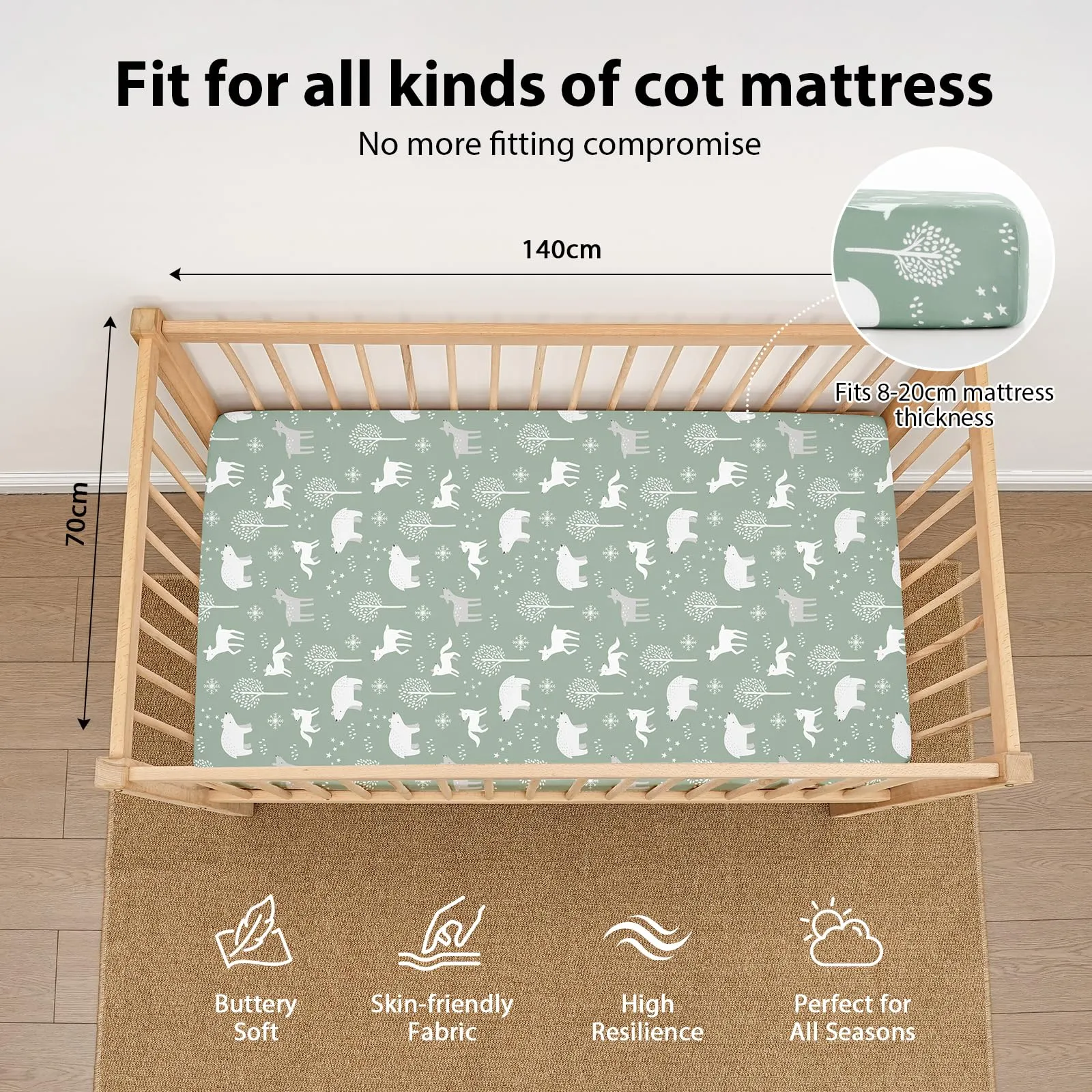 Fiemol Lenzuola Lettino 140x70 cm, Confezione da 3 Coprimaterassi per Lettino Neonato, Lenzuola con Angoli Elasticizzate in Microfibra Ultra Morbida e Setosa, Verde e Orso - immagine 3