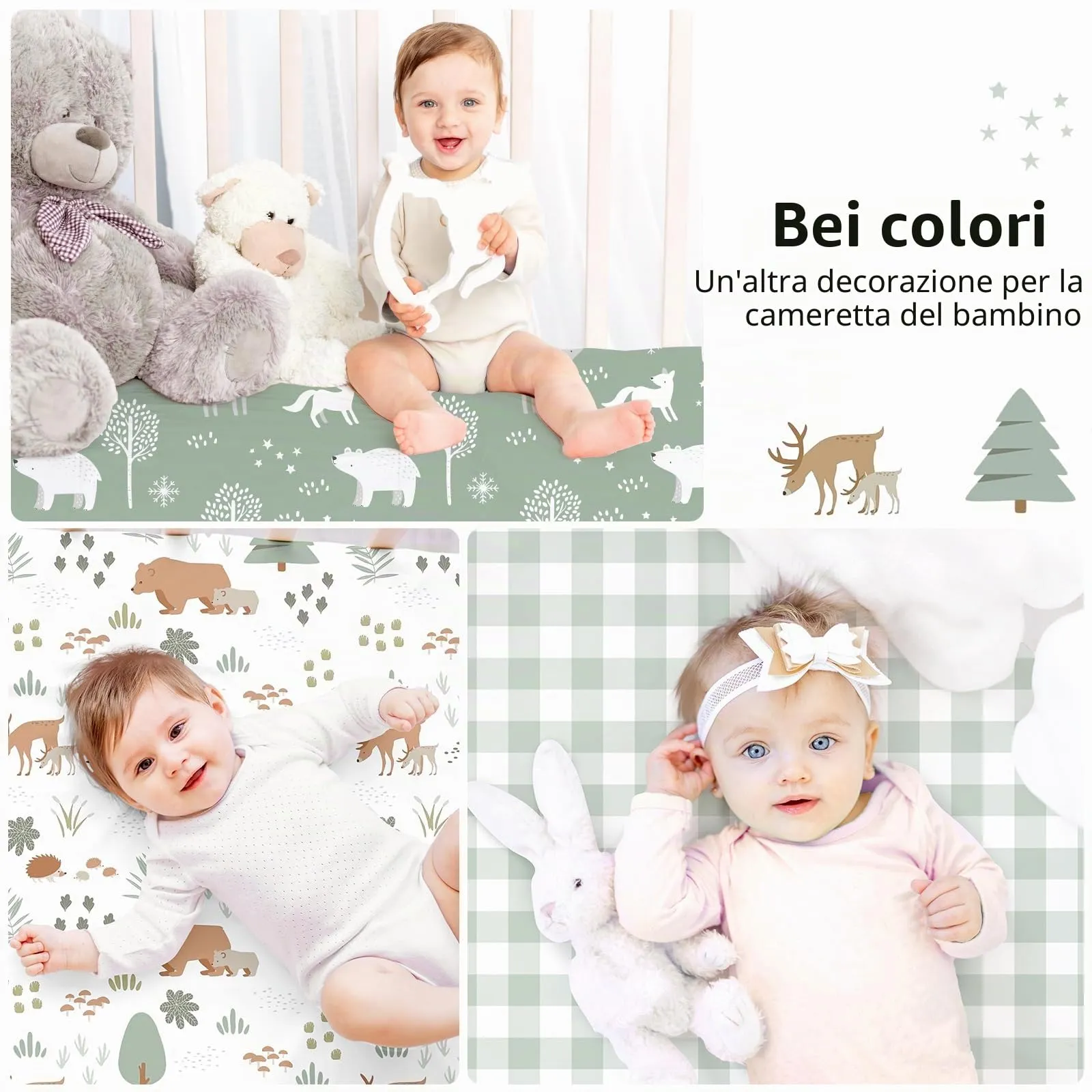 Fiemol Lenzuola Lettino 140x70 cm, Confezione da 3 Coprimaterassi per Lettino Neonato, Lenzuola con Angoli Elasticizzate in Microfibra Ultra Morbida e Setosa, Verde e Orso - immagine 6
