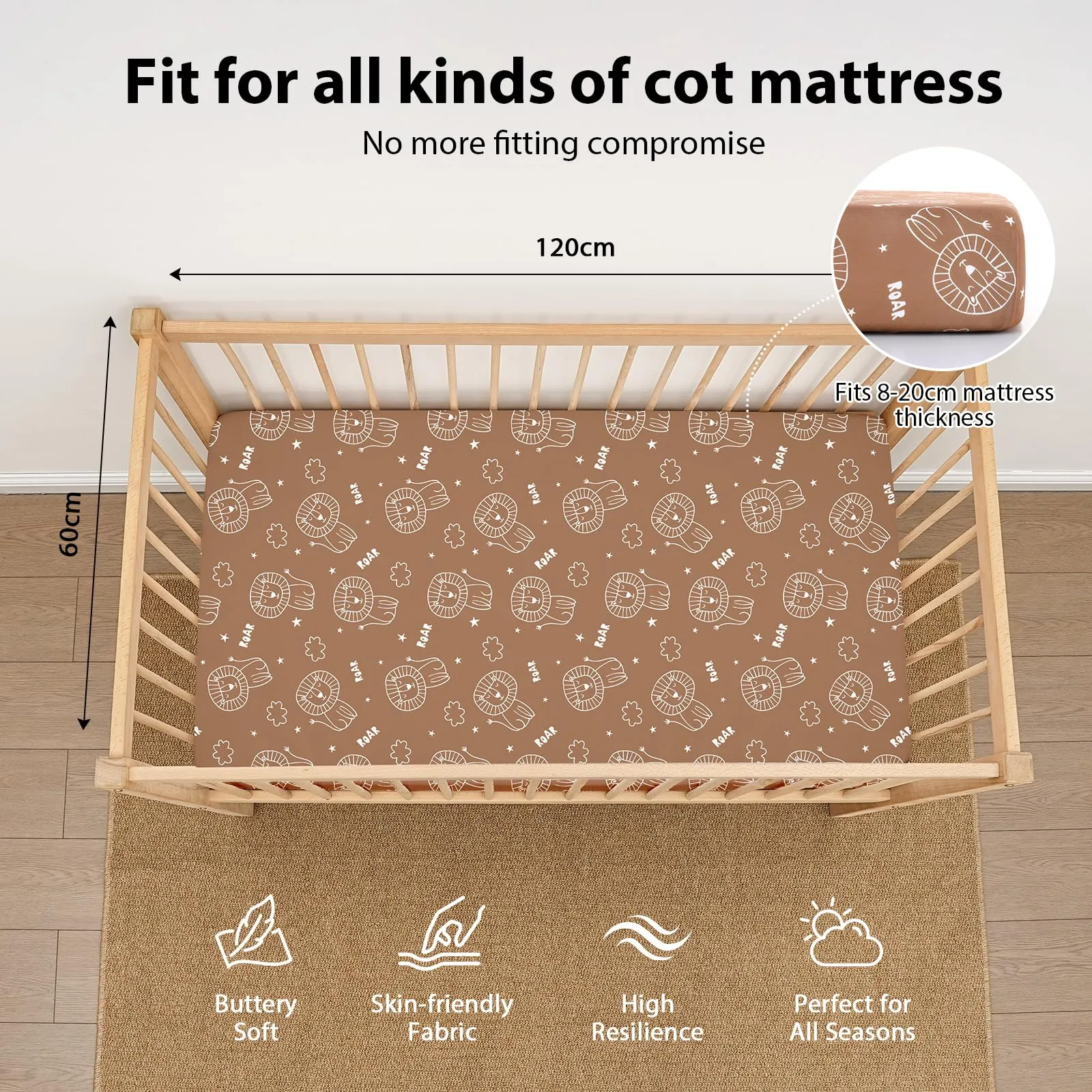 Fiemol Lenzuola Lettino 120x60 cm, Confezione da 3 Coprimaterassi per Lettino Neonato, Lenzuola con Angoli Elasticizzate in Microfibra Ultra Morbida e Setosa, Marrone e Leone - immagine 2