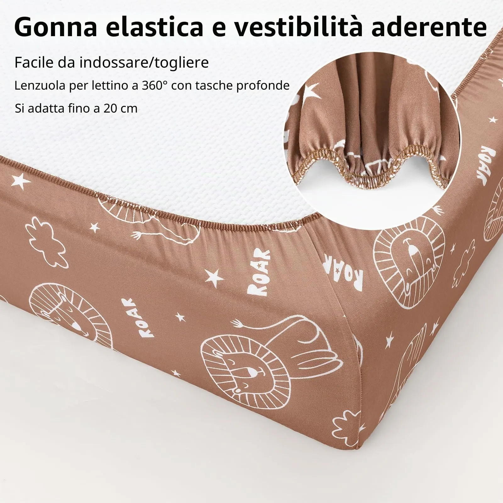 Fiemol Lenzuola Lettino 120x60 cm, Confezione da 3 Coprimaterassi per Lettino Neonato, Lenzuola con Angoli Elasticizzate in Microfibra Ultra Morbida e Setosa, Marrone e Leone - immagine 5