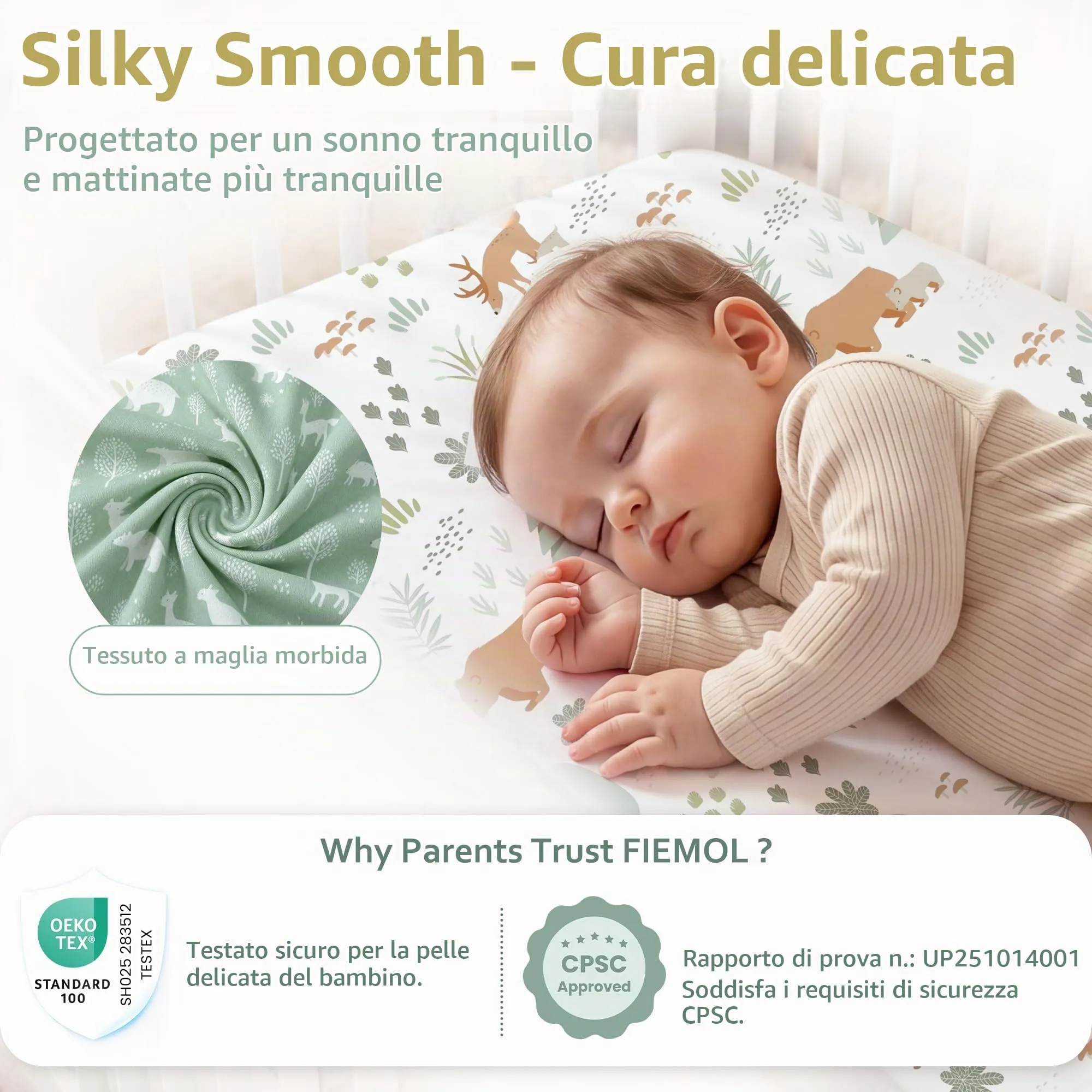 Fiemol Lenzuola Culla Next to Me 83x50cm, Confezione da 3 Coprimaterassi per Culla Neonato, Lenzuola con Angoli Elasticizzate in Microfibra Ultra Morbida e Setosa, Verde e Orso - immagine 5