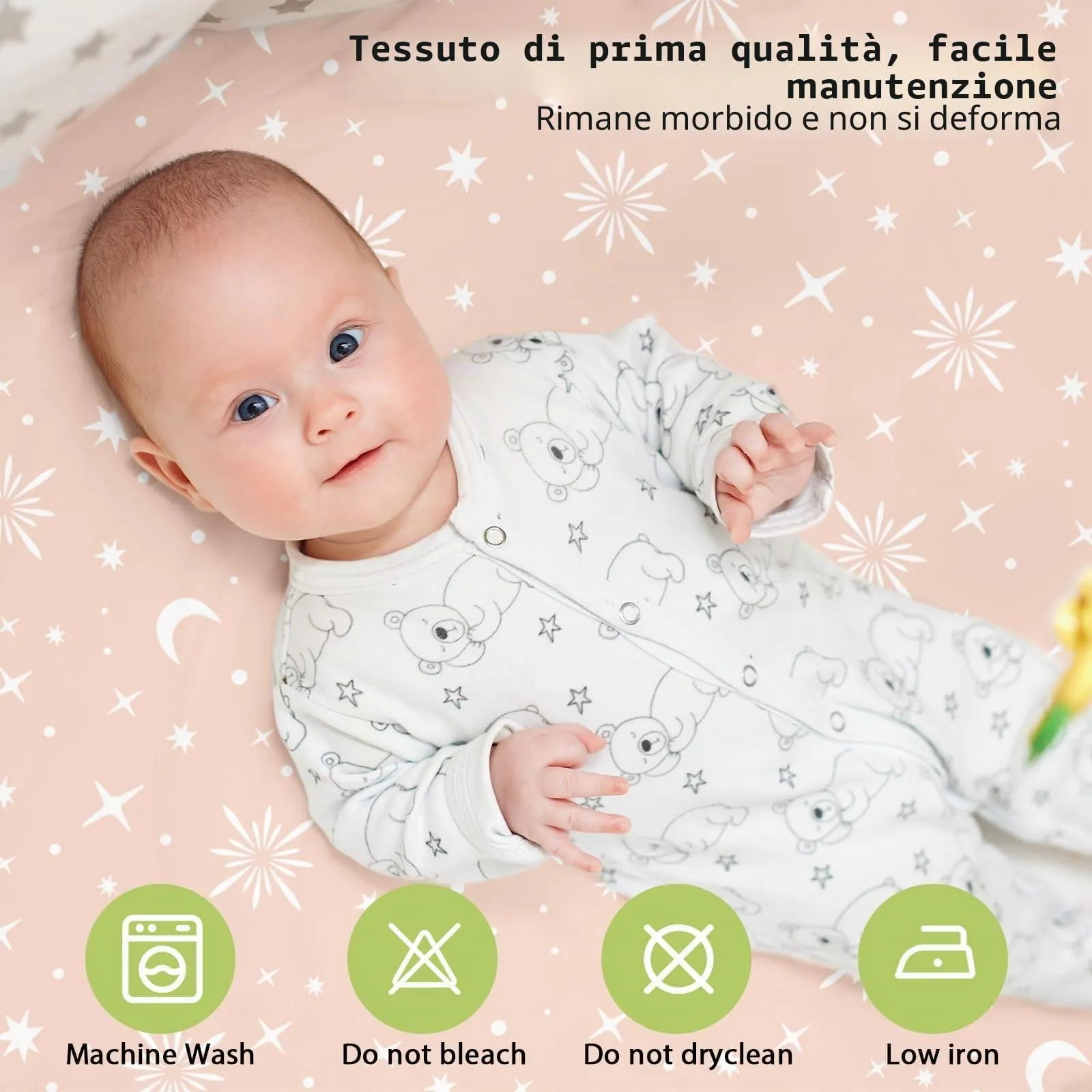 Fiemol Lenzuola Culla Next to Me 83x50cm, Confezione da 3 Coprimaterassi per Culla Neonato, Lenzuola con Angoli Elasticizzate in Microfibra Ultra Morbida e Setosa, Rosa e Stelle - immagine 5