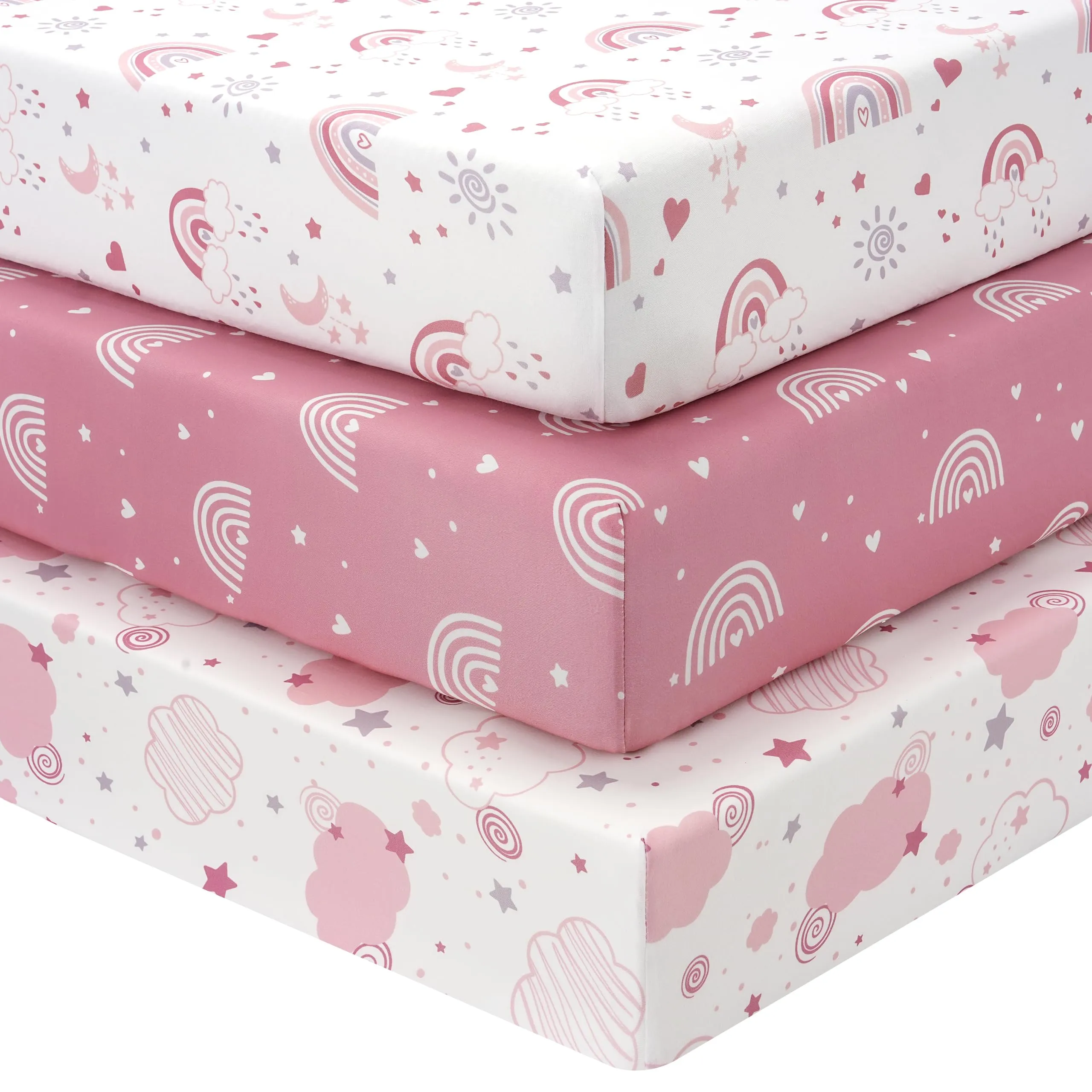 Fiemol Lenzuola Lettino 120x60 cm, Confezione da 3 Coprimaterassi per Lettino Neonato, Lenzuola con Angoli Elasticizzate in Microfibra Ultra Morbida e Setosa, Rosa e Arcobaleno - immagine 1