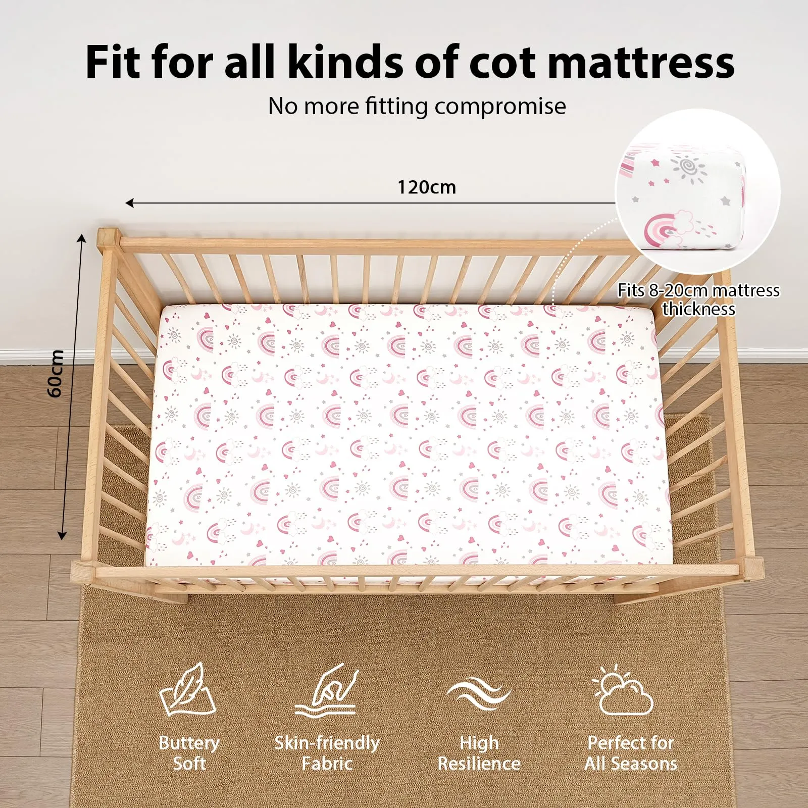 Fiemol Lenzuola Lettino 120x60 cm, Confezione da 3 Coprimaterassi per Lettino Neonato, Lenzuola con Angoli Elasticizzate in Microfibra Ultra Morbida e Setosa, Rosa e Arcobaleno - immagine 2