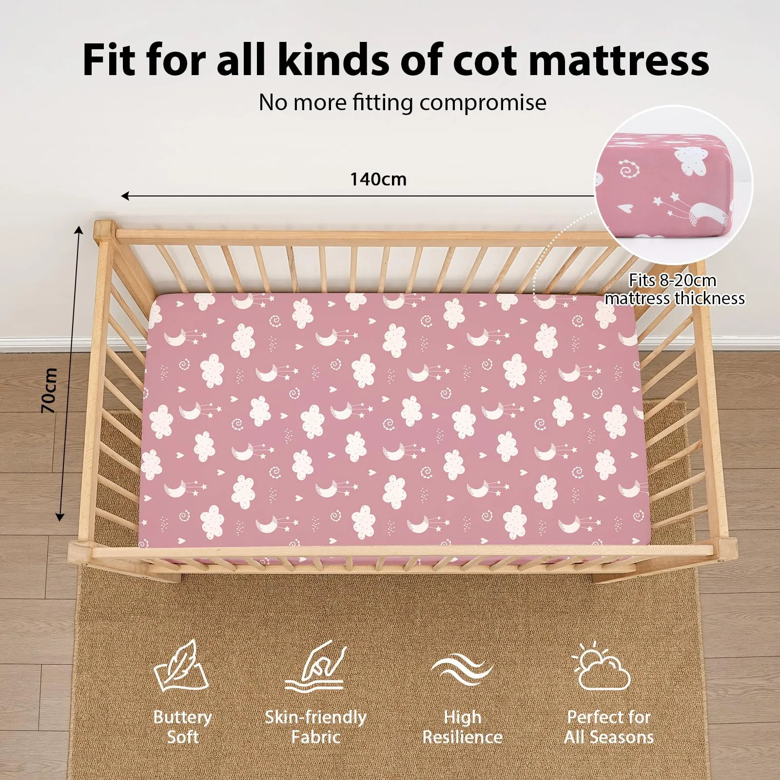 Fiemol Lenzuola Lettino 140x70 cm, Confezione da 3 Coprimaterassi per Lettino Neonato, Lenzuola con Angoli Elasticizzate in Microfibra Ultra Morbida e Setosa, Rosa e Stelle - immagine 3