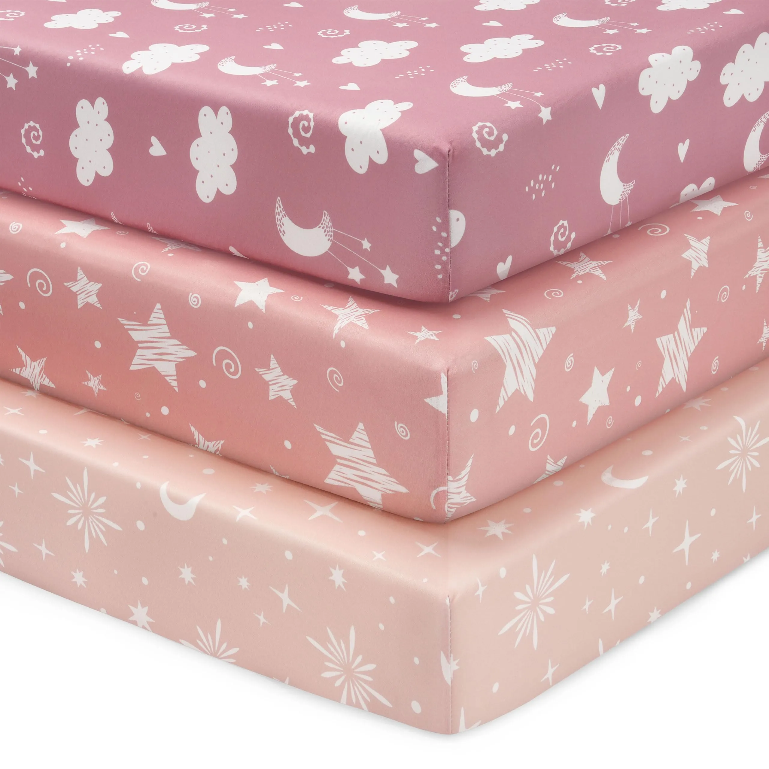Fiemol Lenzuola Lettino 120x60 cm, Confezione da 3 Coprimaterassi per Lettino Neonato, Lenzuola con Angoli Elasticizzate in Microfibra Ultra Morbida e Setosa, Rosa e Stelle - immagine 1
