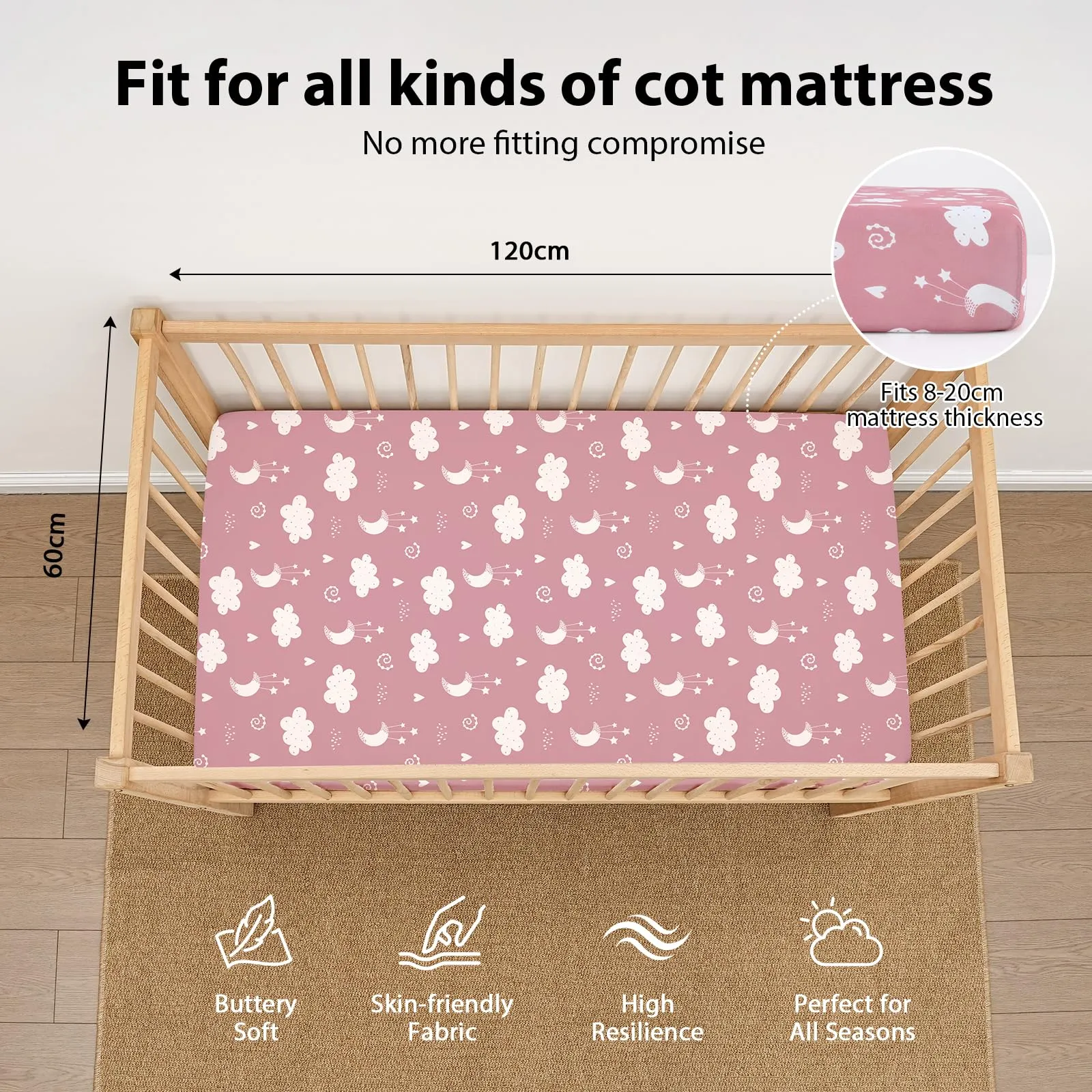 Fiemol Lenzuola Lettino 120x60 cm, Confezione da 3 Coprimaterassi per Lettino Neonato, Lenzuola con Angoli Elasticizzate in Microfibra Ultra Morbida e Setosa, Rosa e Stelle - immagine 2