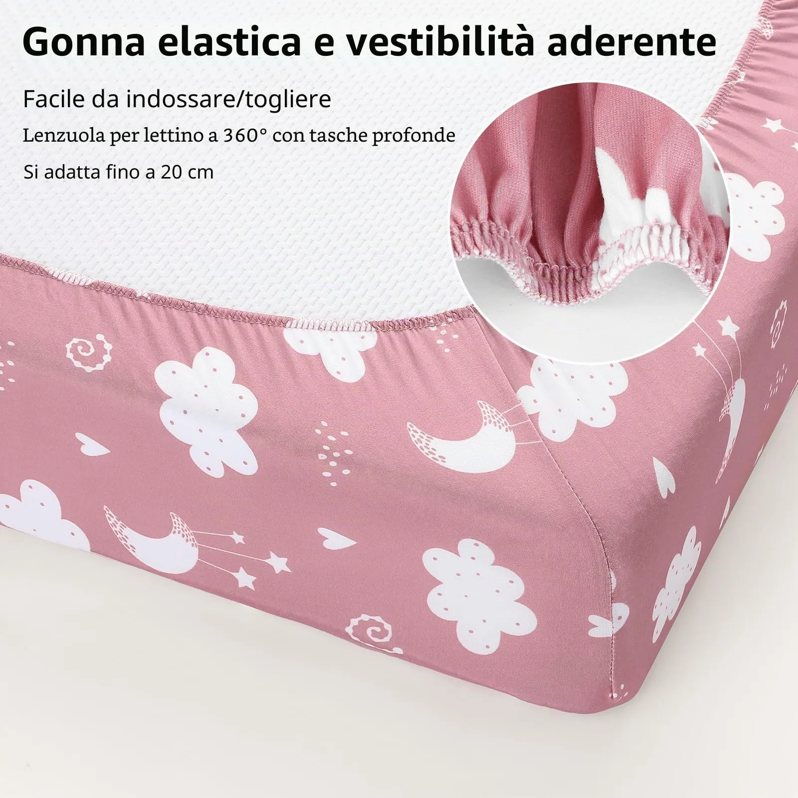 Fiemol Lenzuola Lettino 120x60 cm, Confezione da 3 Coprimaterassi per Lettino Neonato, Lenzuola con Angoli Elasticizzate in Microfibra Ultra Morbida e Setosa, Rosa e Stelle - immagine 5