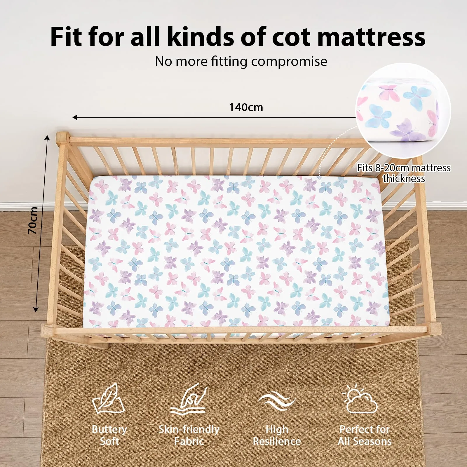 Fiemol Lenzuola Lettino 140x70 cm, Confezione da 3 Coprimaterassi per Lettino Neonato, Lenzuola con Angoli Elasticizzate in Microfibra Ultra Morbida e Setosa, Rosa e Farfalla - immagine 3