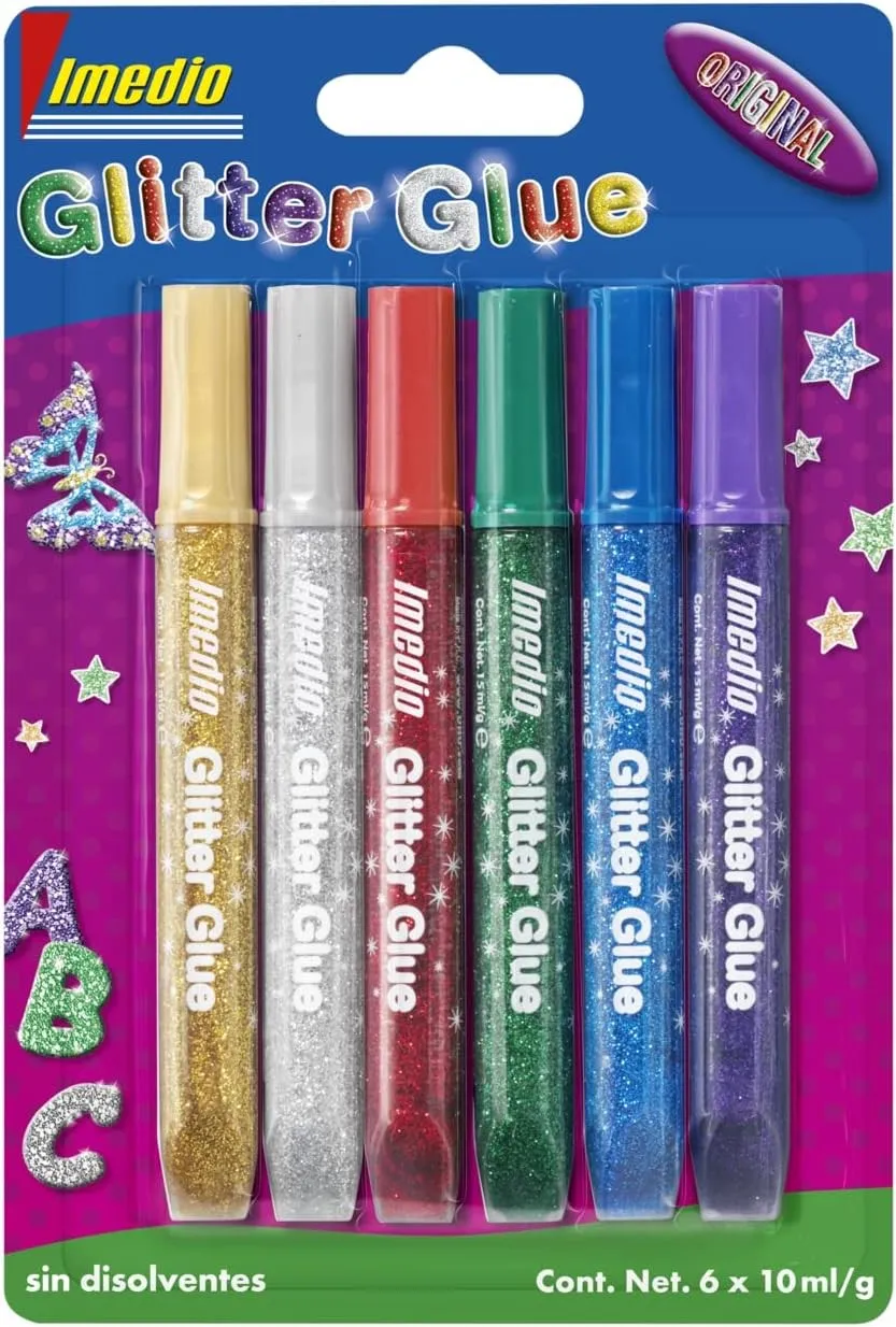 Imedio Colla Glitter Originale Confezione da 6 Tubi di Colla Glitter da 10ml - Per Diversi Materiali - Tubo Extra Morbido - Ugello di Precisione - Senza Solventi - Colori Assortiti - immagine 1
