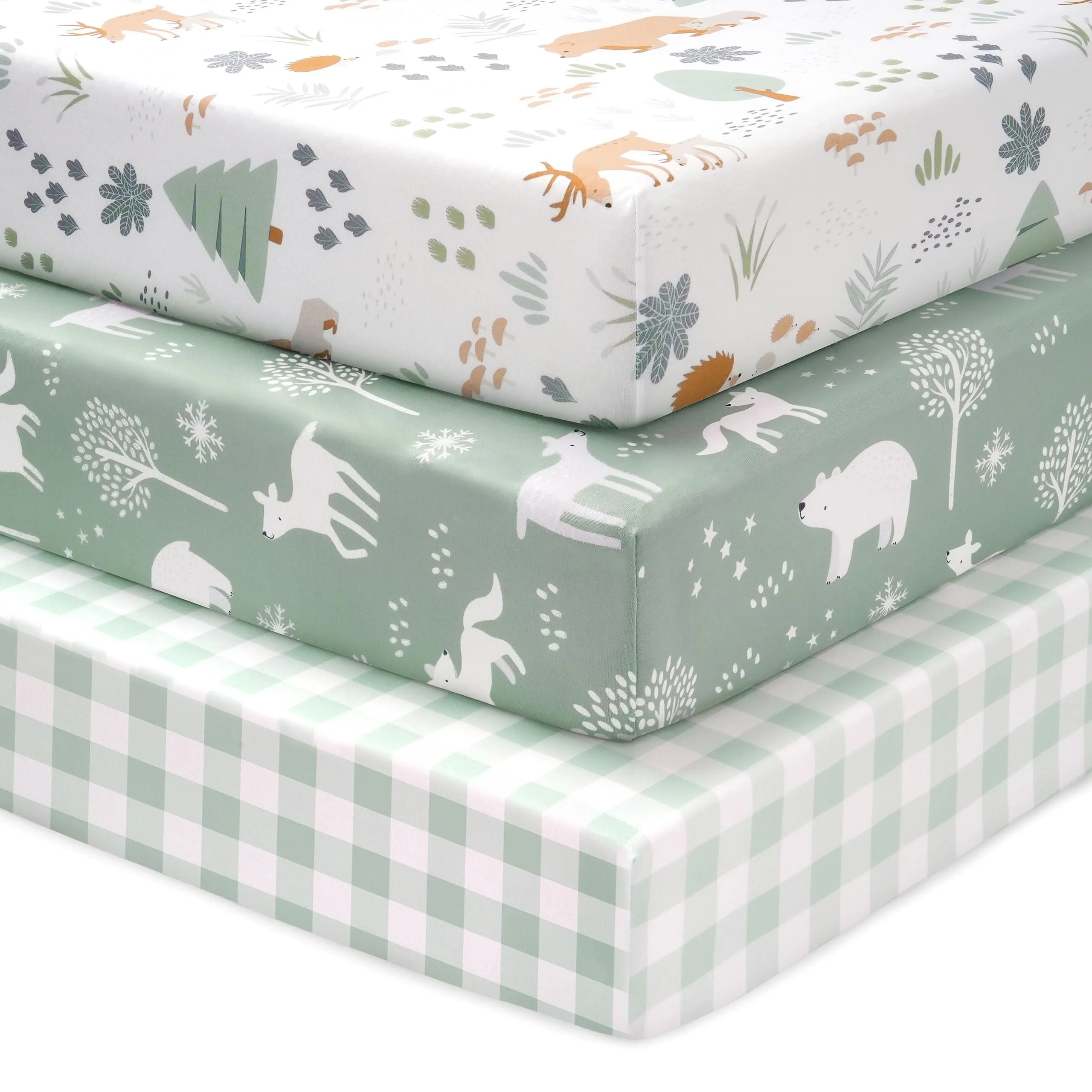 Fiemol Lenzuola Lettino 120x60 cm, Confezione da 3 Coprimaterassi per Lettino Neonato, Lenzuola con Angoli Elasticizzate in Microfibra Ultra Morbida e Setosa, Verde e Orso - immagine 1