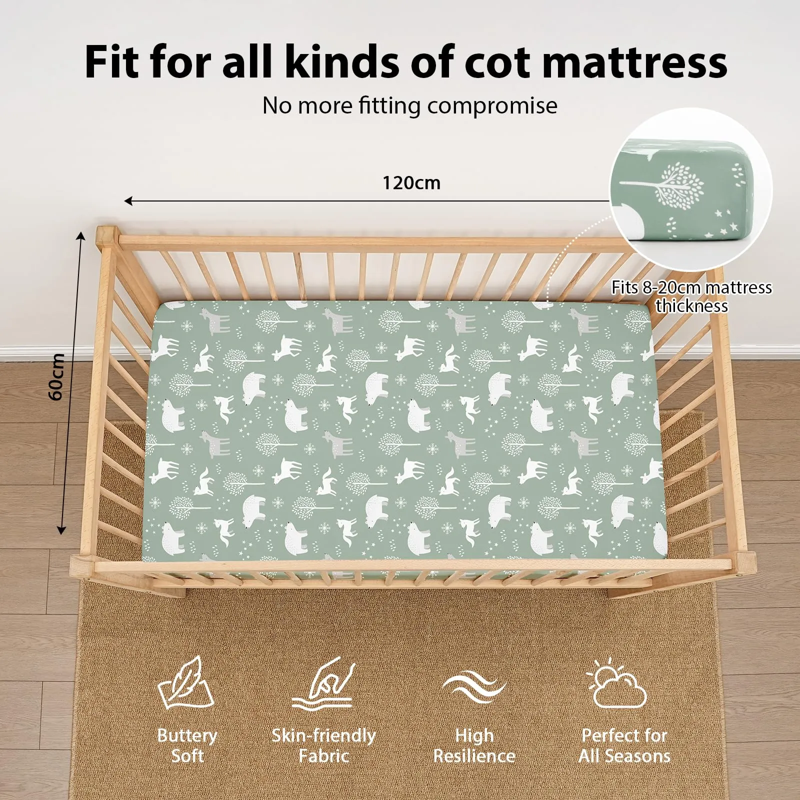 Fiemol Lenzuola Lettino 120x60 cm, Confezione da 3 Coprimaterassi per Lettino Neonato, Lenzuola con Angoli Elasticizzate in Microfibra Ultra Morbida e Setosa, Verde e Orso - immagine 2