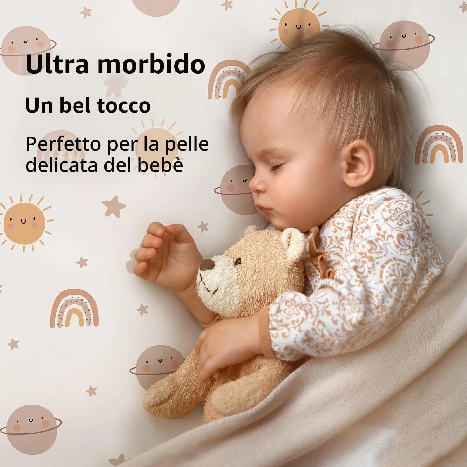 Fiemol Lenzuola Lettino 120x60 cm, Confezione da 3 Coprimaterassi per Lettino Neonato, Lenzuola con Angoli Elasticizzate in Microfibra Ultra Morbida e Setosa, Arancione e Arcobaleno - immagine 3
