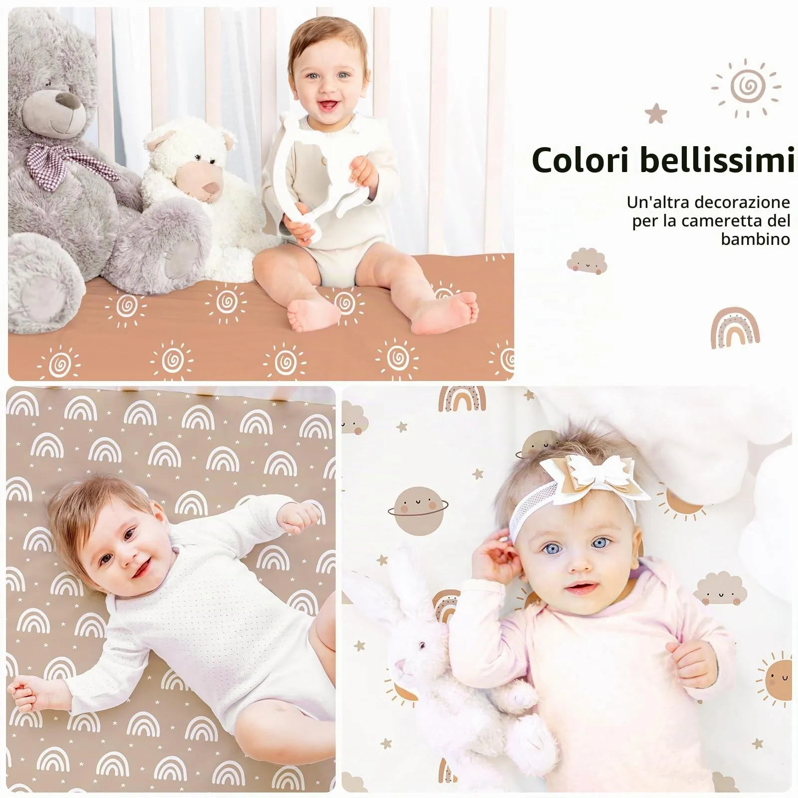 Fiemol Lenzuola Lettino 120x60 cm, Confezione da 3 Coprimaterassi per Lettino Neonato, Lenzuola con Angoli Elasticizzate in Microfibra Ultra Morbida e Setosa, Arancione e Arcobaleno - immagine 6