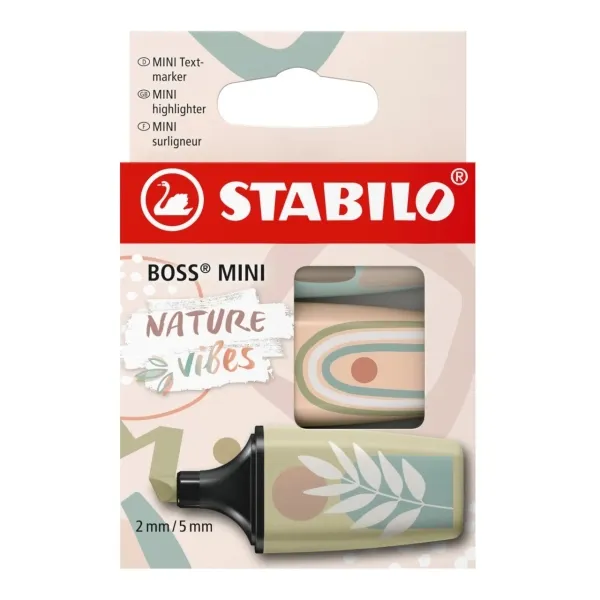Stabilo Boss Mini Naturevibes Confezione da 3 pennarelli fluorescenti - Tratto tra 2 e 5 mm - Inchiostro a base d'acqua - Anti-seccatura - Colori verde fango verde terra e beige - immagine 1