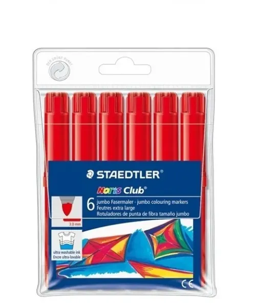 Staedtler Noris Jumbo 340 Confezione da 6 pennarelli Jumbo - Punta in fibra - Tratto 3 mm - Cappuccio ventilato - Rosso - immagine 1