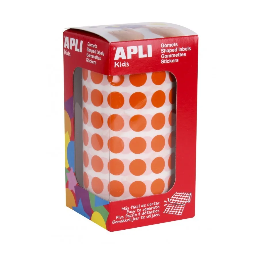Apli Rotolo da 5192 Gometti Rotondi Arancio - Misura Ø 105 mm - 59 Fogli Preforati - Adesivo a Base Acqua - Conforme agli standard EN-71 e FSC - immagine 1