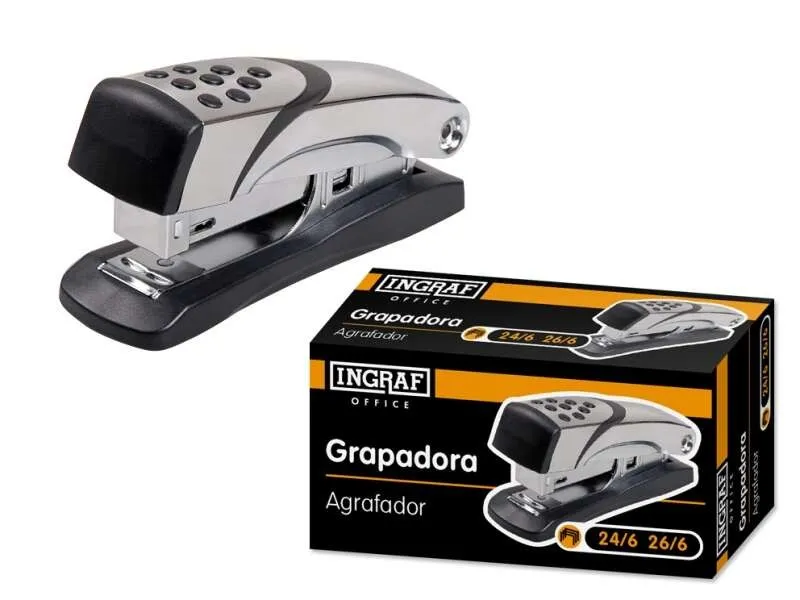Cucitrice metallica Ingraf N4 - Corpo in metallo con finiture in plastica - Rivestimento in gomma antiscivolo - Compatibile con punti metallici 24/6 e 26/6 - GrigioN4 Grapadora Metalica - Cuerpo Metalico con Adornos en Plastico - Recubrimiento de Goma Antideslizante - Compatible con Grapas 24/6 y 26/6 - Color Gris - immagine 1