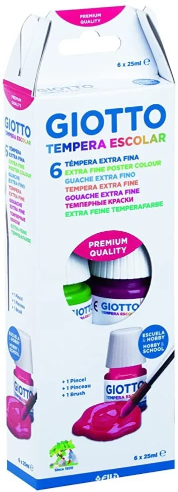 Giotto Tempere Confezione da 6 vasetti da 25 ml. + Pennello - A base acqua - Coprenza eccellente - Colori assortiti - immagine 1