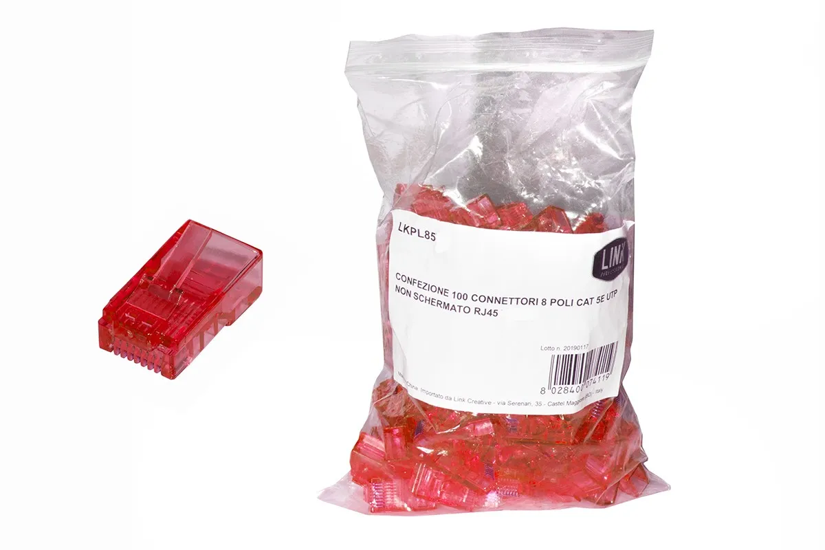 Confezione 100 Connettori 8 Poli Cat 5E Utp Non Schermato Rj45 Rosso - immagine 1