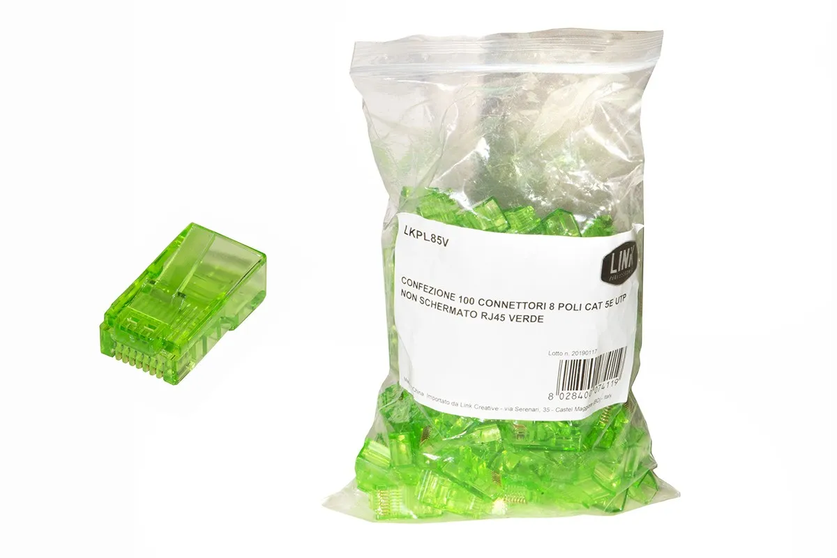 Confezione 100 Connettori 8 Poli Cat 5E Utp Non Schermato Rj45 Verde Per Cavo Flessibile - immagine 1