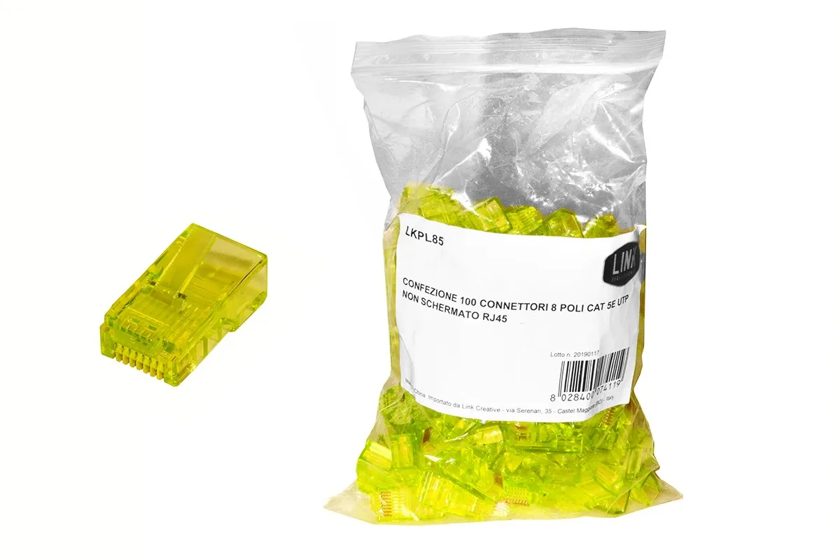 Confezione 100 Connettori 8 Poli Cat 5E Utp Non Schermato Rj45 Giallo Per Cavo Flessibile - immagine 1