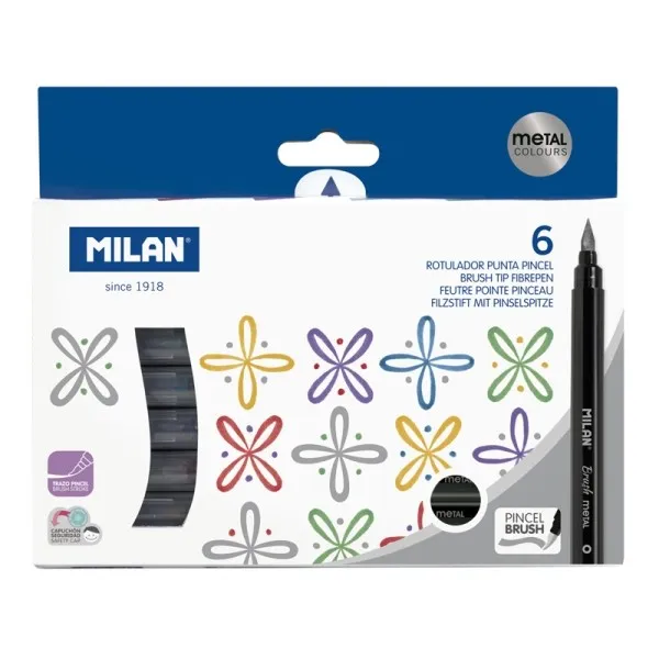 Confezione da 6 pennarelli Milan con punta a pennello metallizzata - Inchiostro a base d'acqua - Punta a pennello da 05 a 6 mm - Colori assortiti - immagine 1