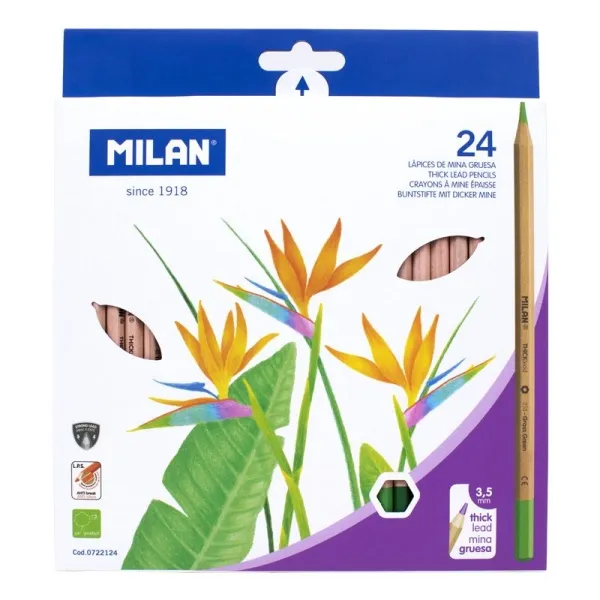 Confezione Milan da 24 matite colorate esagonali - Mina spessa da 35 mm - Resistenti alla rottura - Legno certificato FSC - Colori assortiti - immagine 1