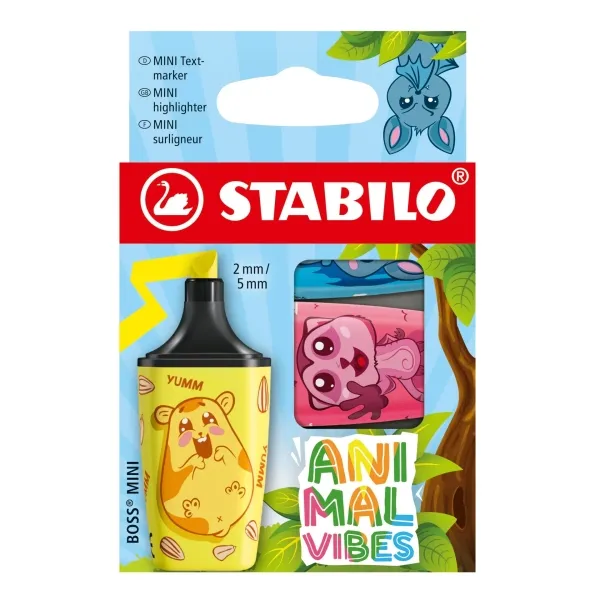 Stabilo Boss Mini Animal Vibes Confezione da 3 mini pennarelli fluorescenti - Tratto da 2 a 5 mm - Inchiostro a base d'acqua - Anti-essiccazione - Colori assortiti - immagine 1