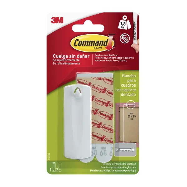 Gancio per quadri Command - 2 strisce adesive - Supporta fino a 18 kg - Ideale per quadri con supporto dentato - Bianco - immagine 1